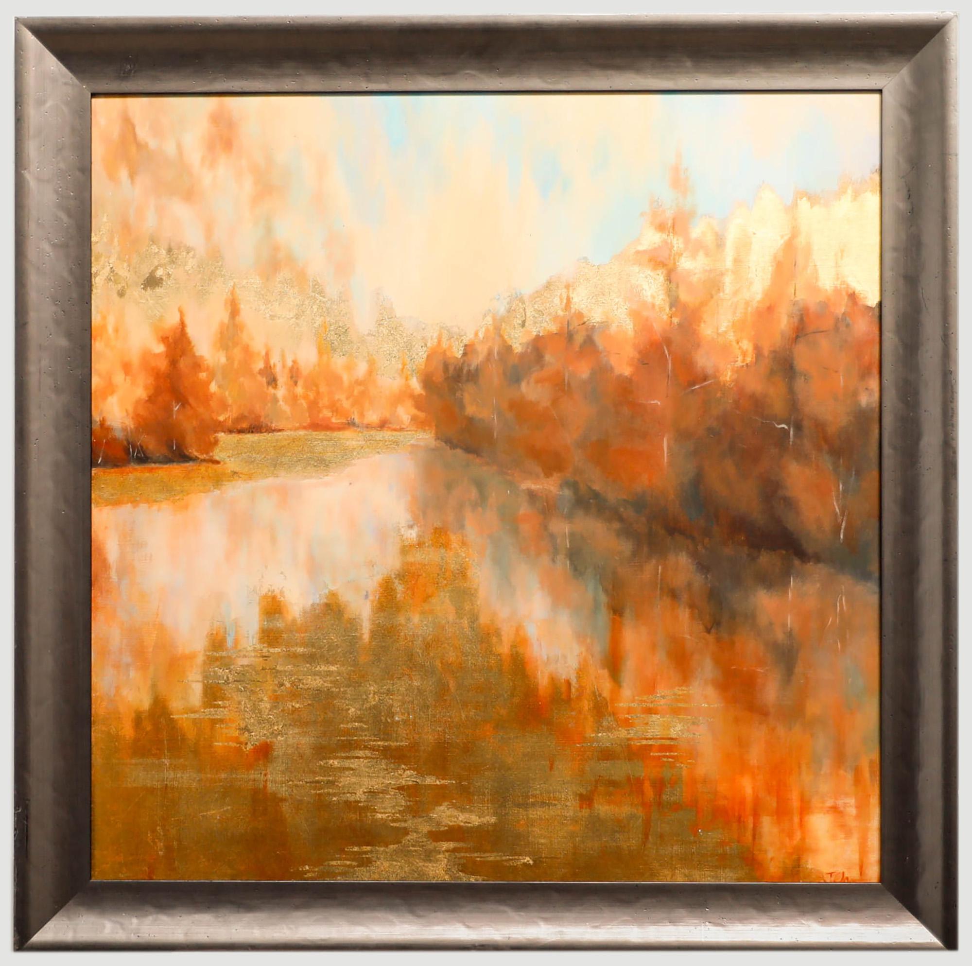 Unknown Landscape Painting – Gerahmtes Contemporary Öl - Herbstfarbe