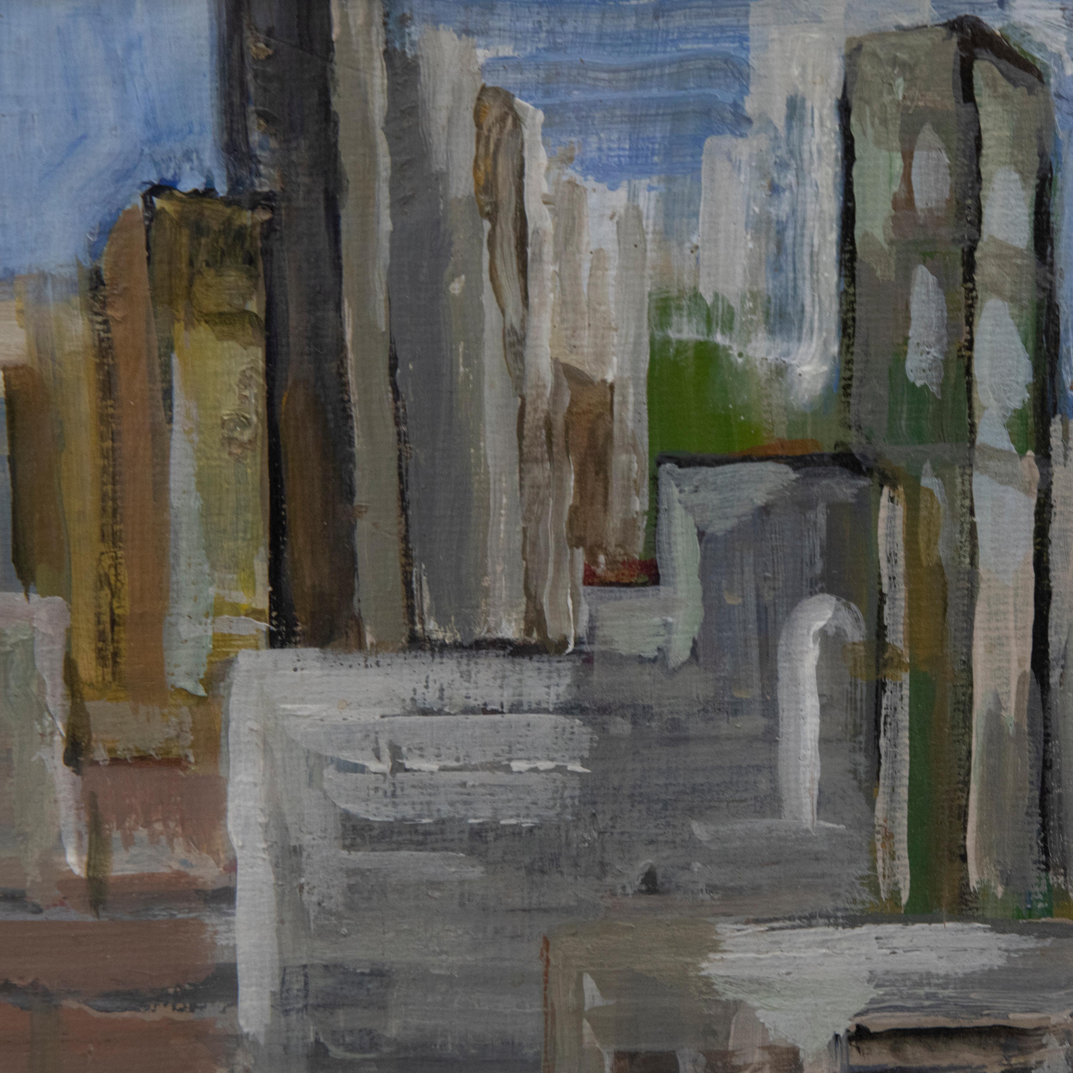 Framed Contemporary Oil - City Skyscrapers For Sale 1
