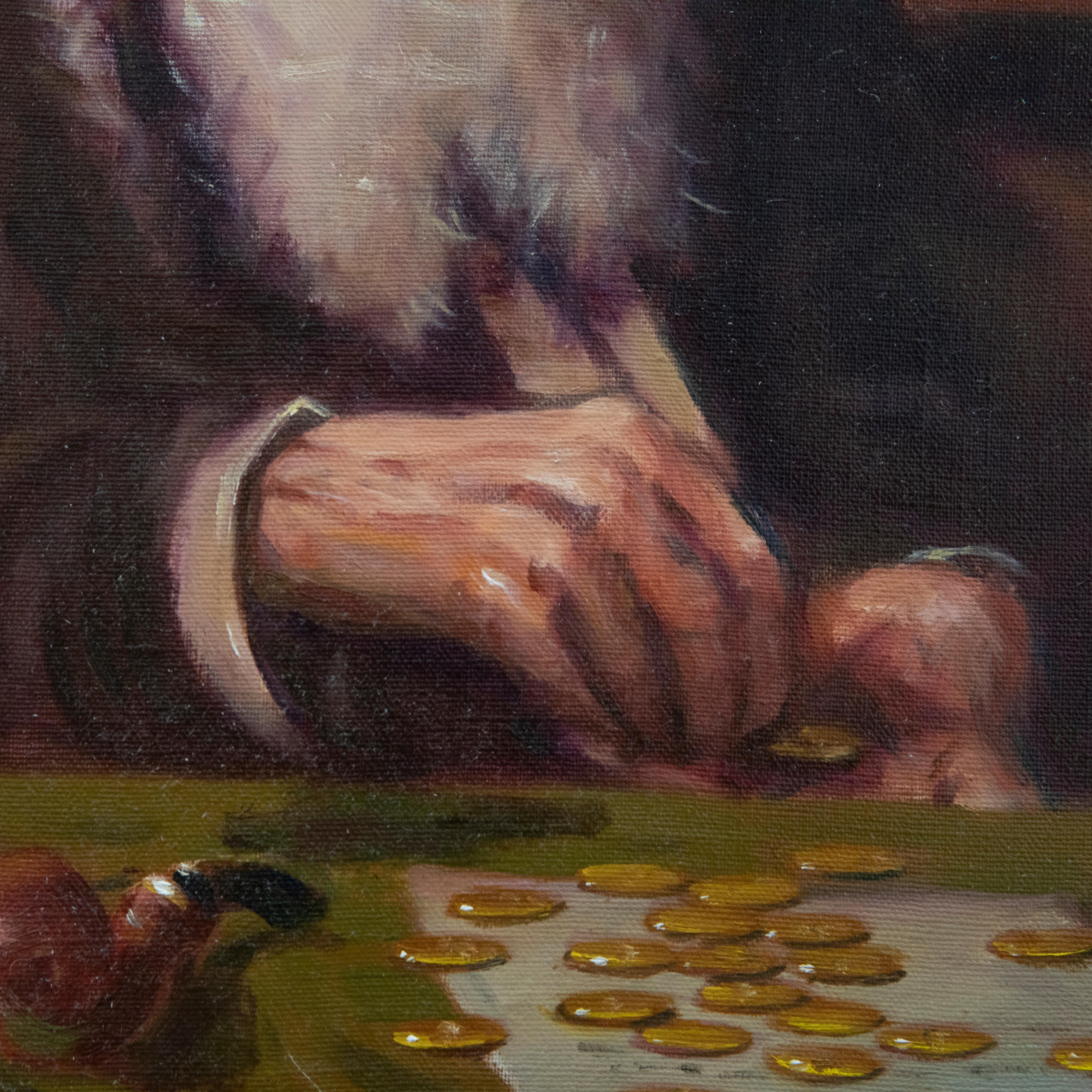 Framed Contemporary Oil - Counting the Coin For Sale 1