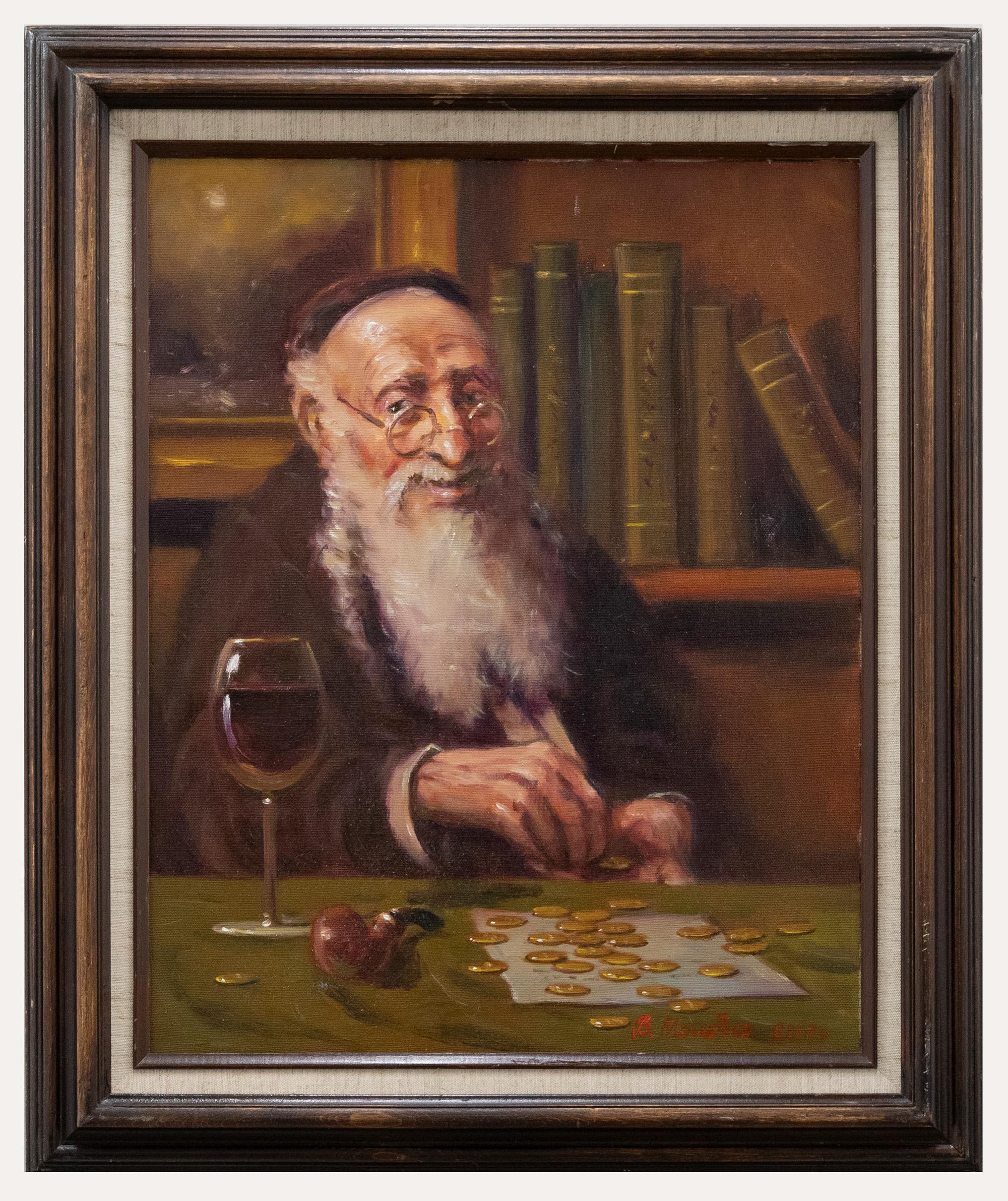 Unknown Portrait Painting - Framed Contemporary Oil - Counting the Coin