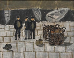 Framed Contemporary Oil - Dock Workers at the Harbour