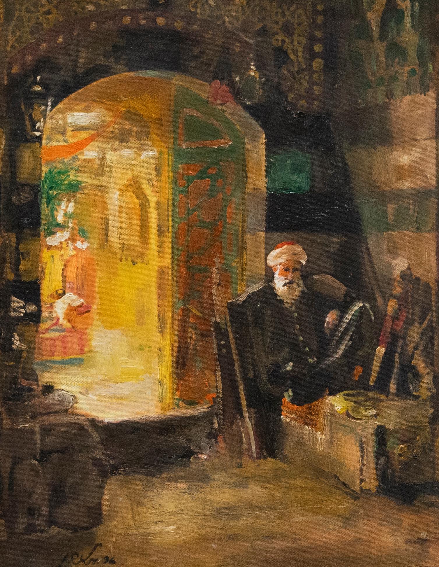 Framed Contemporary Oil - Elder in an Eastern Interior - Painting by Unknown