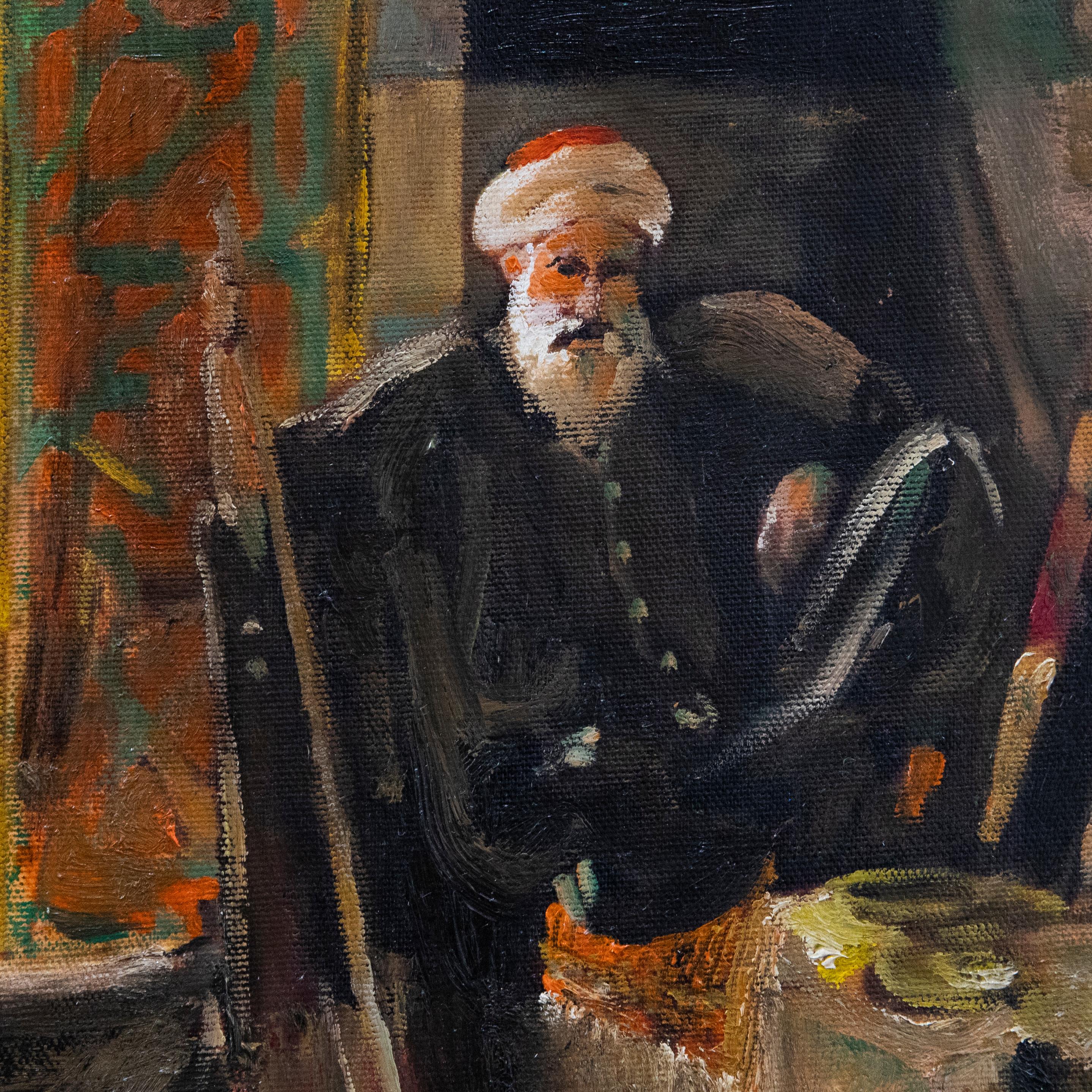 A captivating interior study full of middle eastern colour. Presented in a contemporary gilt-effect frame. Illegibly signed to the lower left and dated 1996. On canvas on stretchers.