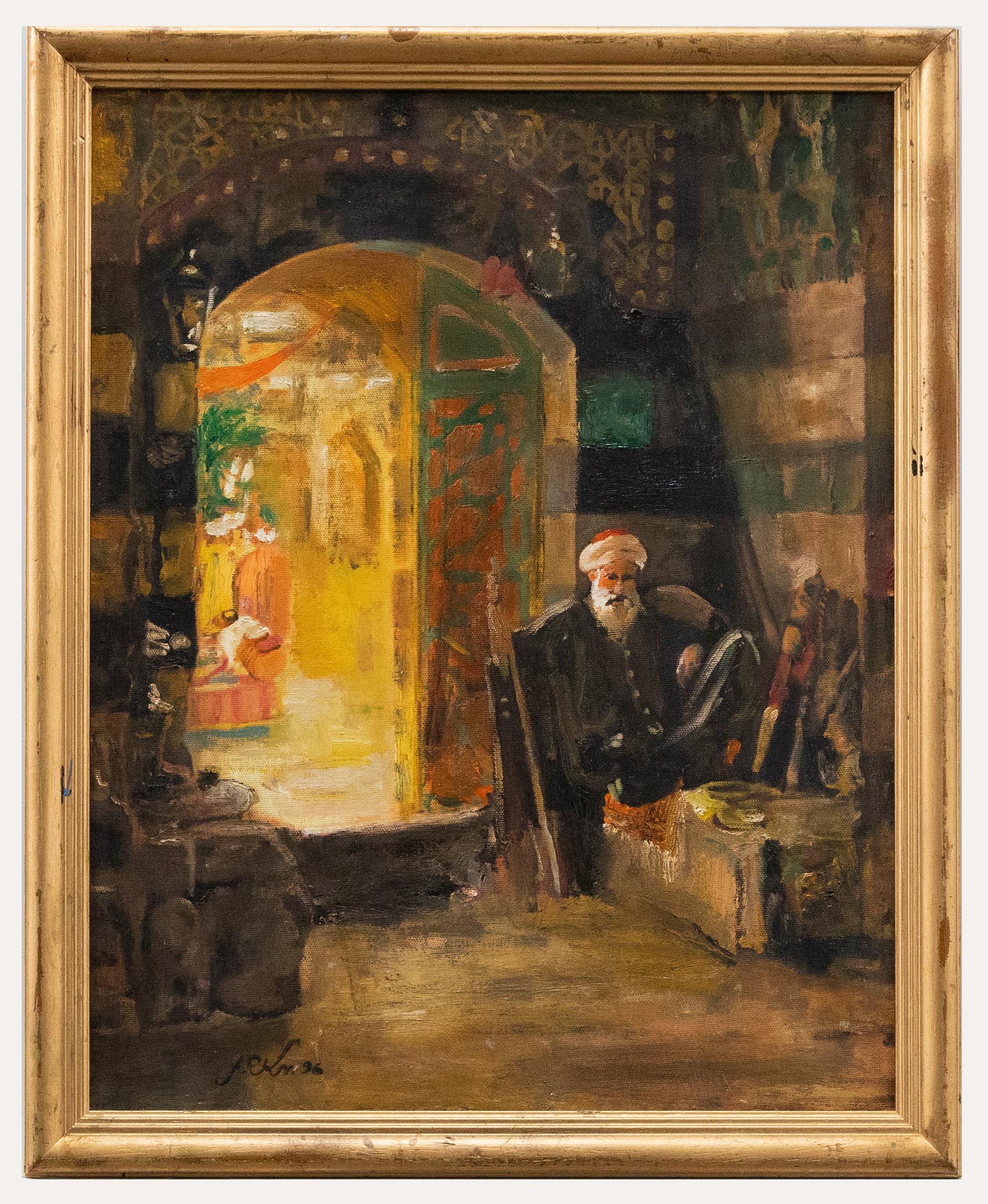 Unknown Interior Painting - Framed Contemporary Oil - Elder in an Eastern Interior