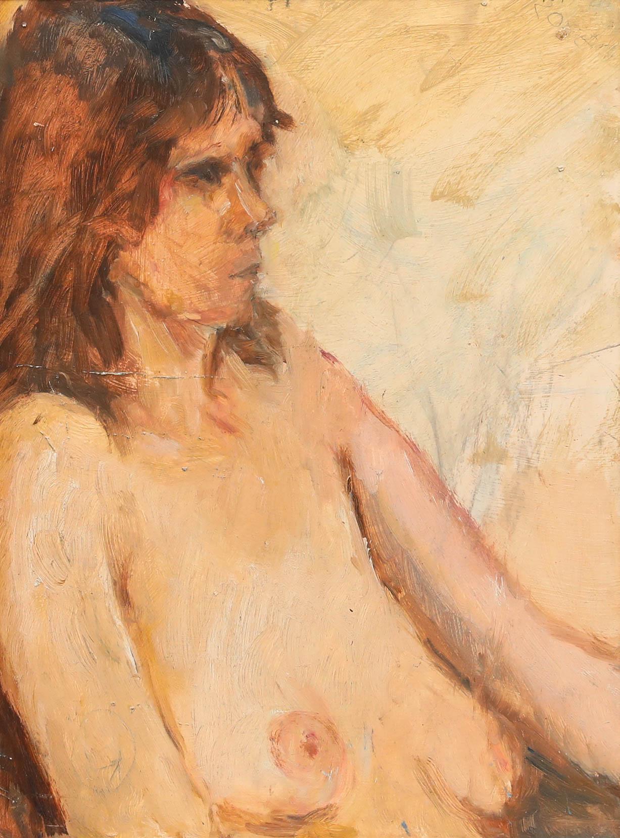 Huile contemporaine encadrée - Nu féminin sur fond jaune - Painting de Unknown