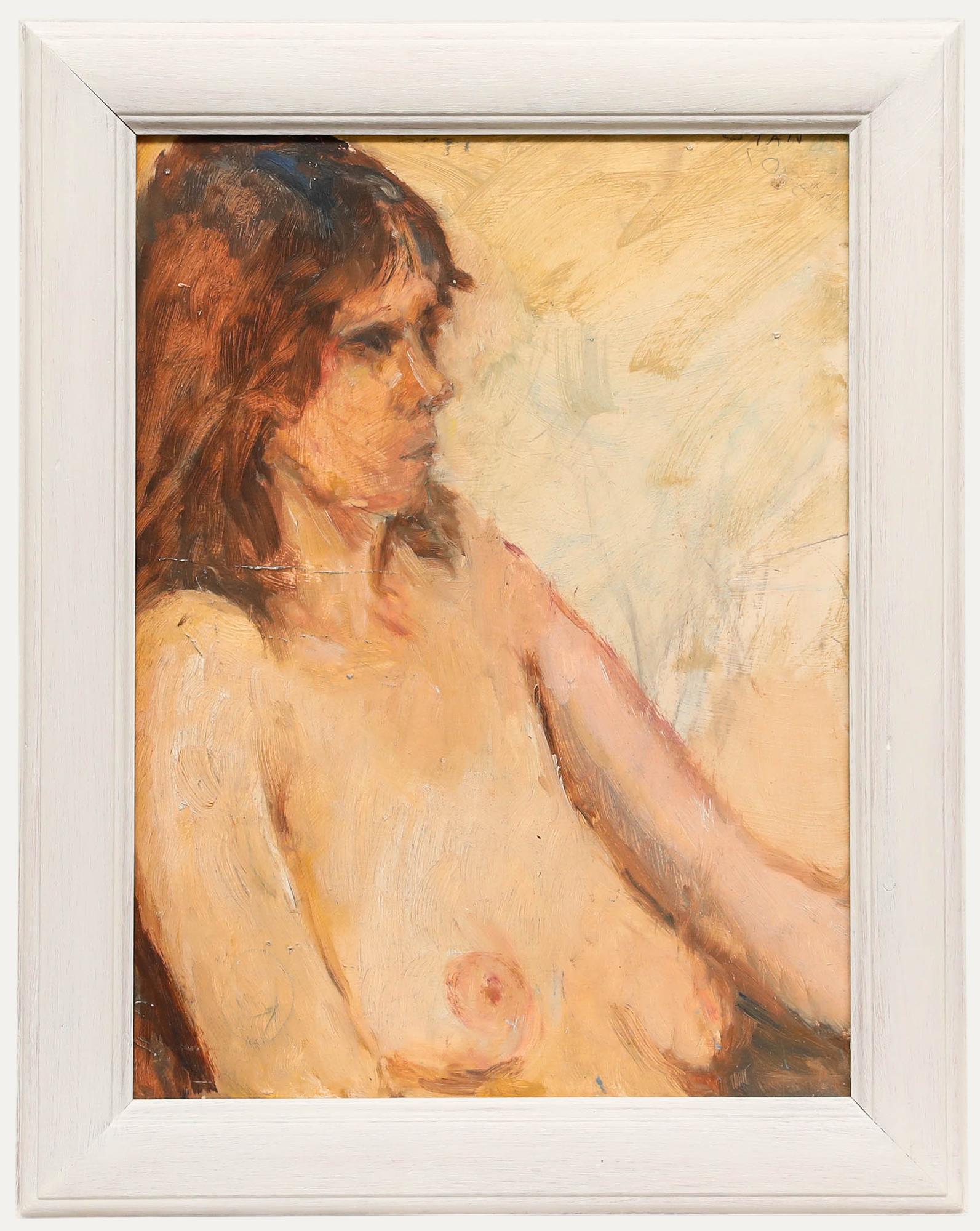 Gerahmtes Contemporary Oil - Weiblicher Akt auf Gelb