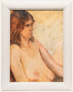 Huile contemporaine encadrée - Nu féminin sur fond jaune