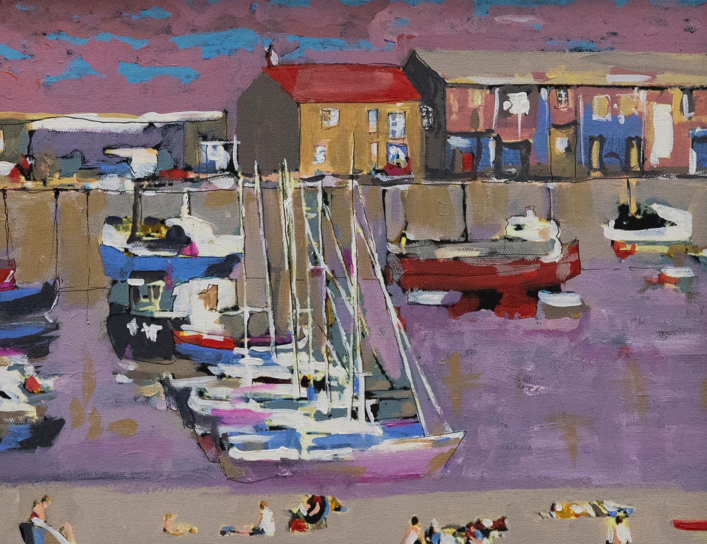 Framed Contemporary Oil - Lyme Regis Harbour - Painting by Unknown