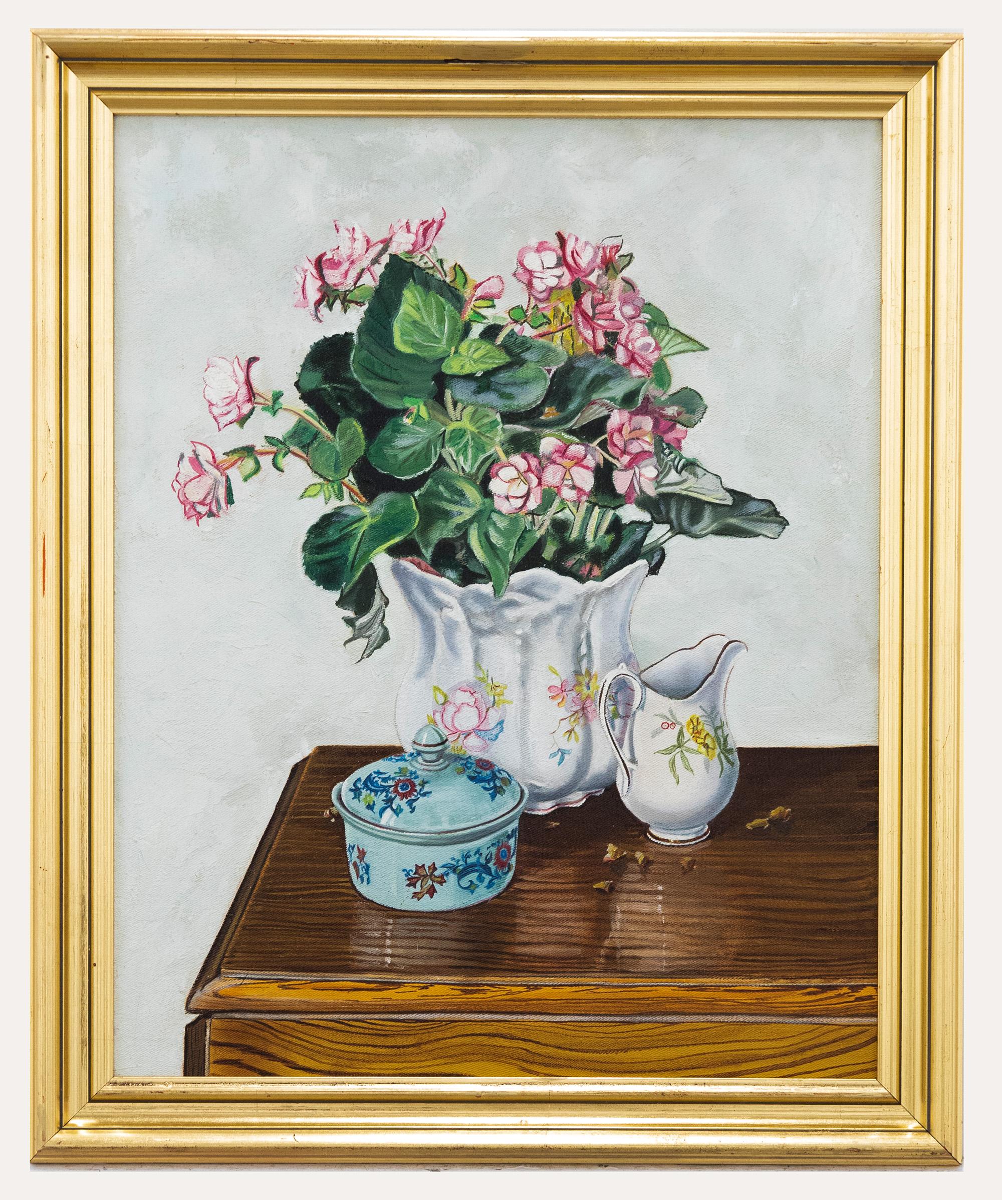Unknown Still-Life Painting - Framed Contemporary Oil - Pink Begonia