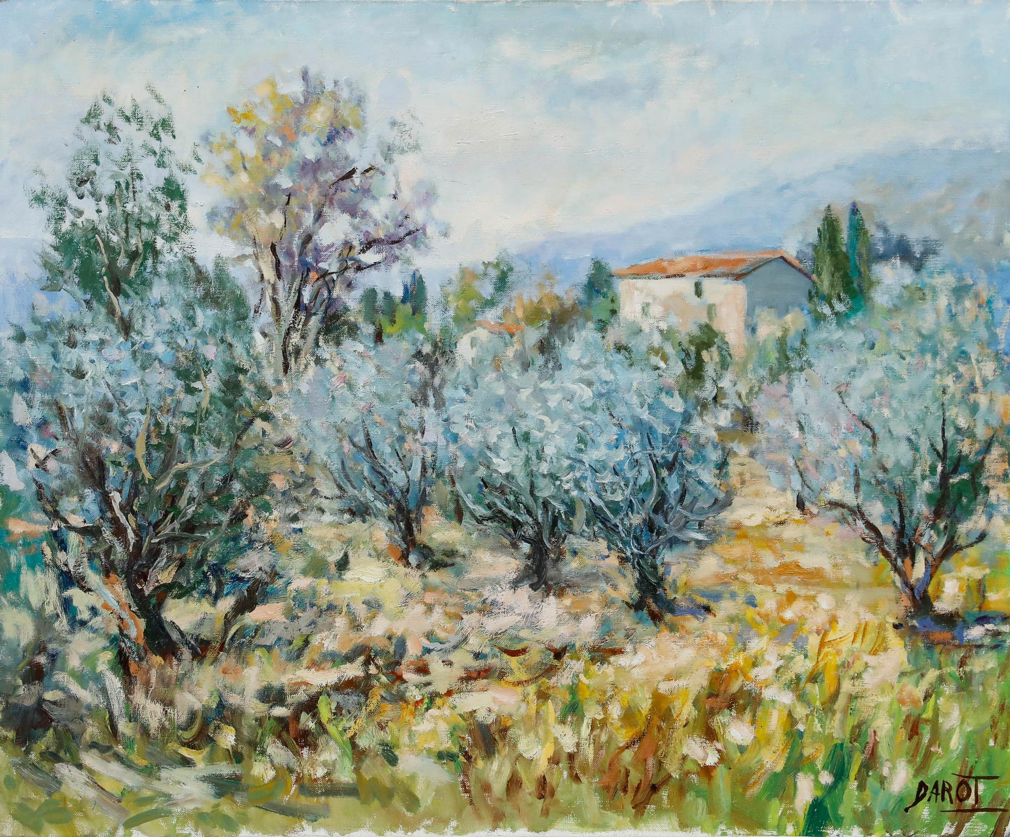 Gerahmtes zeitgenössisches Öl - Provenzalische Landschaft – Painting von Unknown