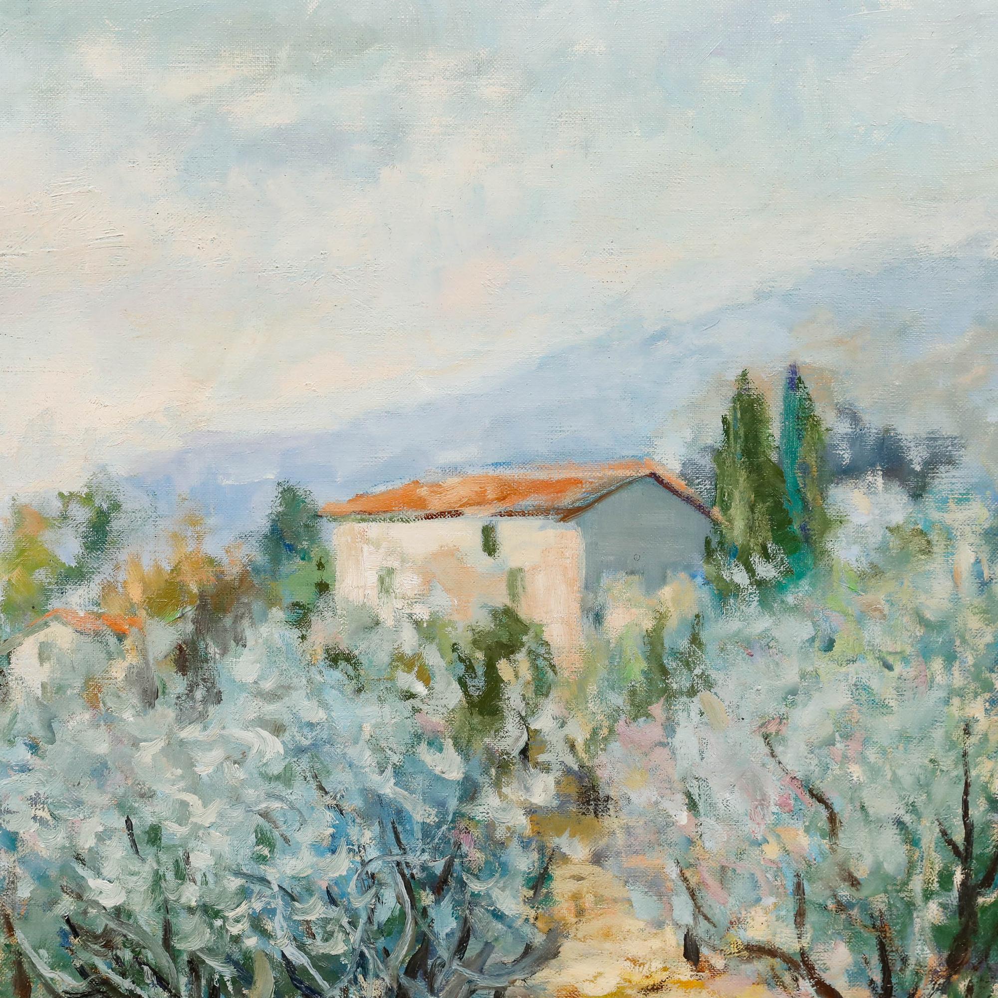 Dieses impressionistische Landschaftsgemälde fängt die Essenz der provenzalischen Landschaft mit knorrigen Olivenbäumen vor sanften Hügeln und einem weichen, wolkengefüllten Himmel ein. Das Werk ist in der unteren rechten Ecke mit 