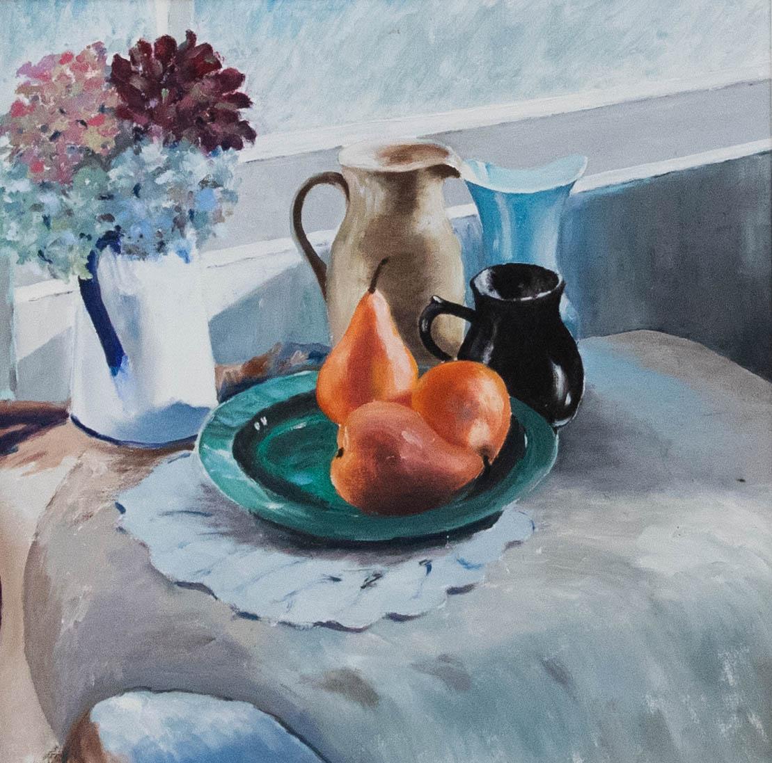 Óleo Contemporáneo Enmarcado - Naturaleza Muerta- Peras y Jarras - Painting de Unknown