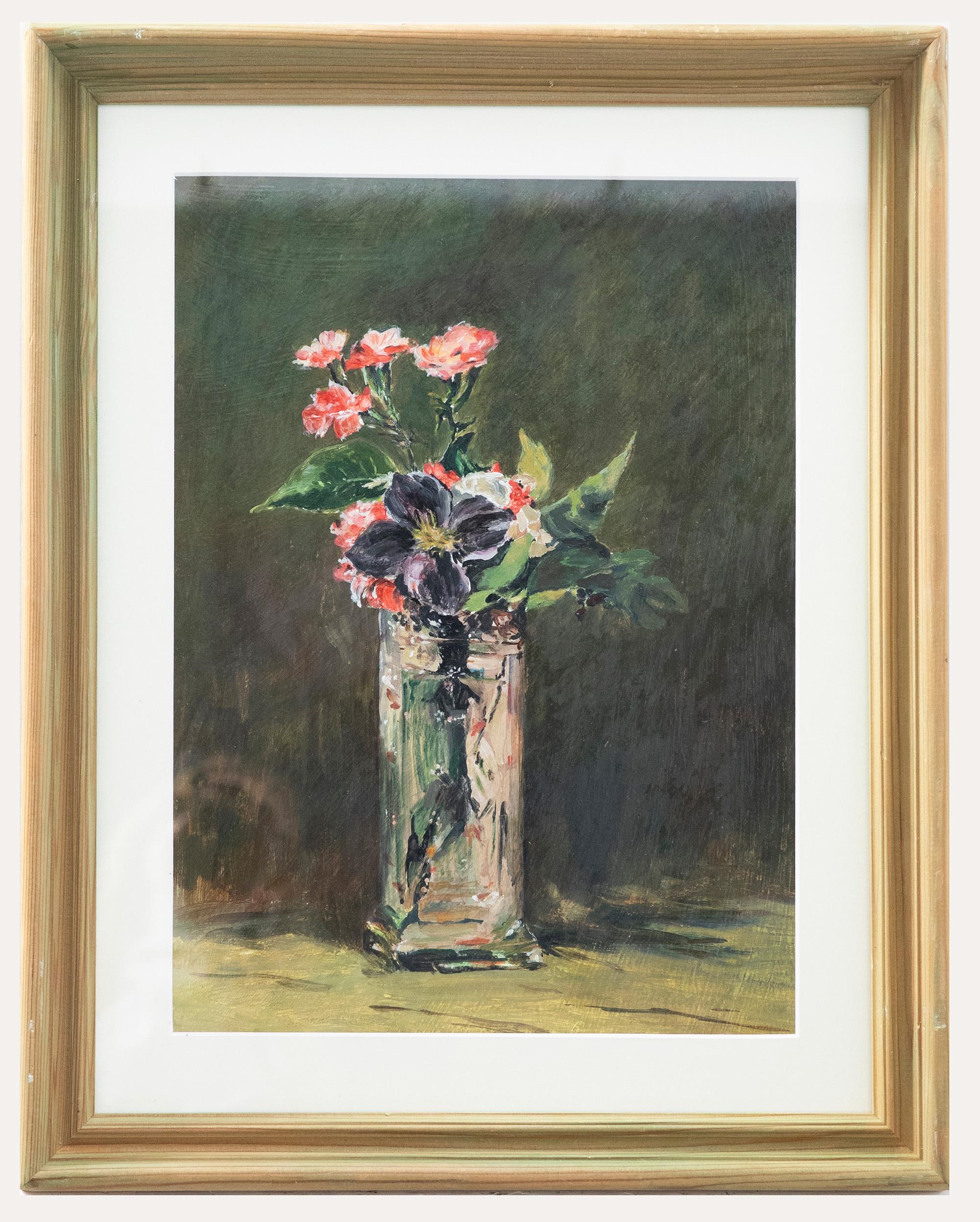 Unknown Still-Life Painting - Framed Contemporary Oil - Still Life, Pink Carnations