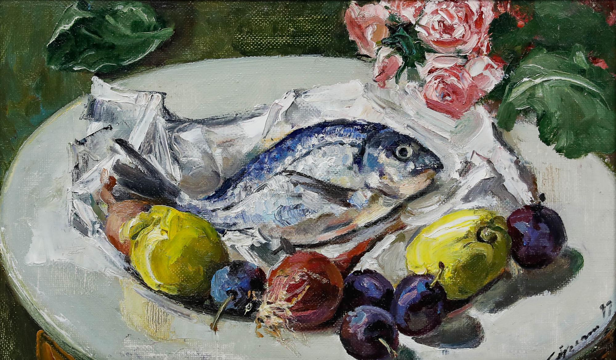 Gerahmtes zeitgenössisches Öl - Stillleben mit Fisch und Obst – Painting von Unknown