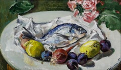 Framed Contemporary Oil - Still Life with Fish & Fruit