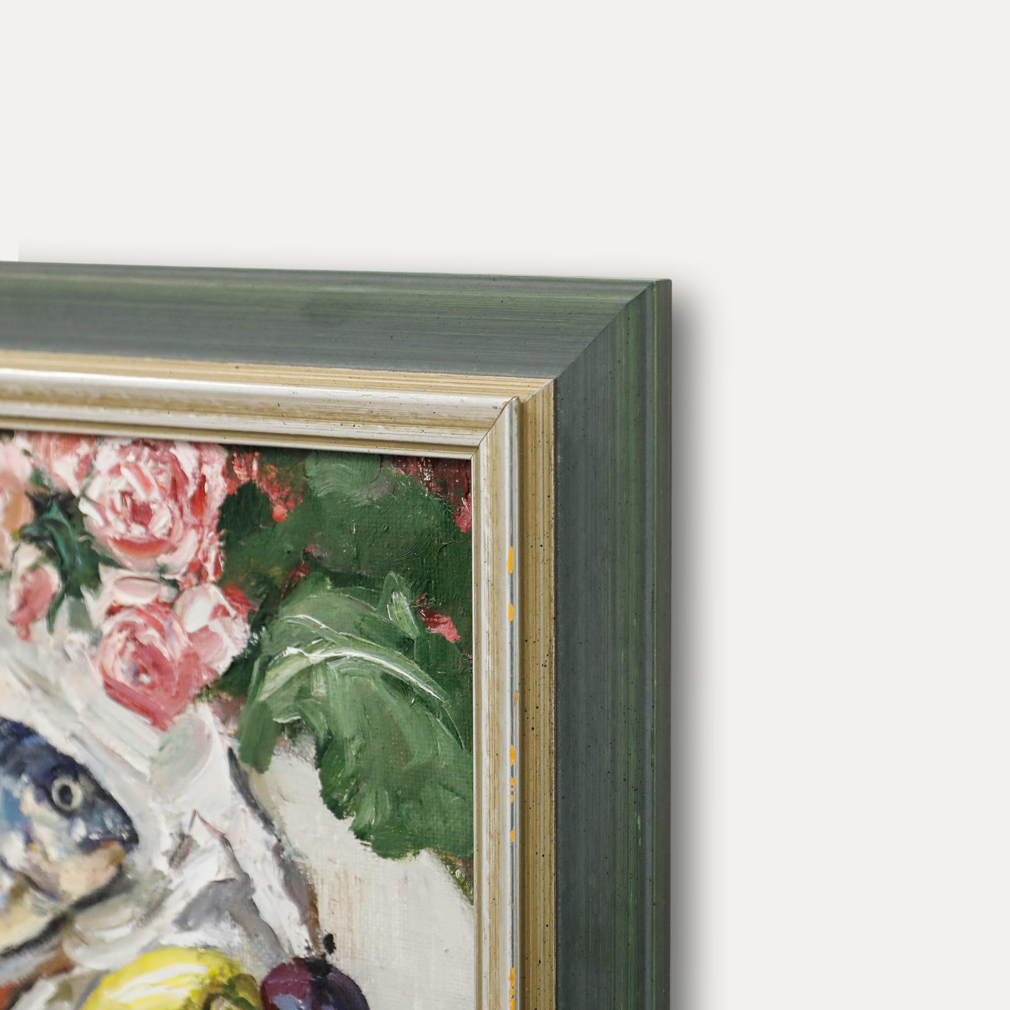 Gerahmtes zeitgenössisches Öl - Stillleben mit Fisch und Obst im Angebot 1