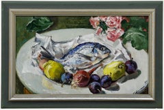 Gerahmtes zeitgenössisches Öl - Stillleben mit Fisch und Obst