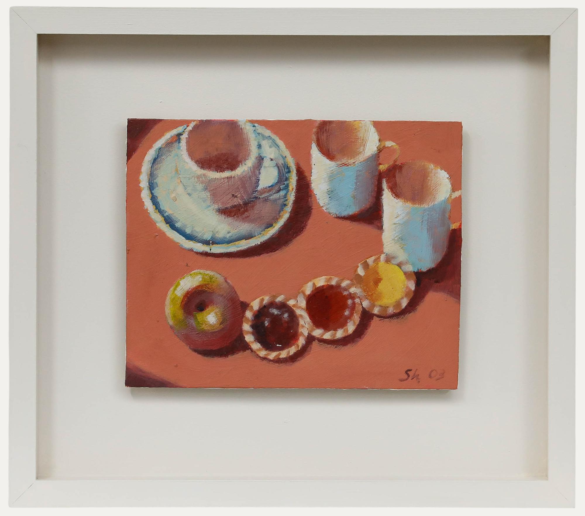 Unknown Still-Life Painting – Gerahmtes zeitgenössisches Öl - Stilleben mit Marmeladentörtchen