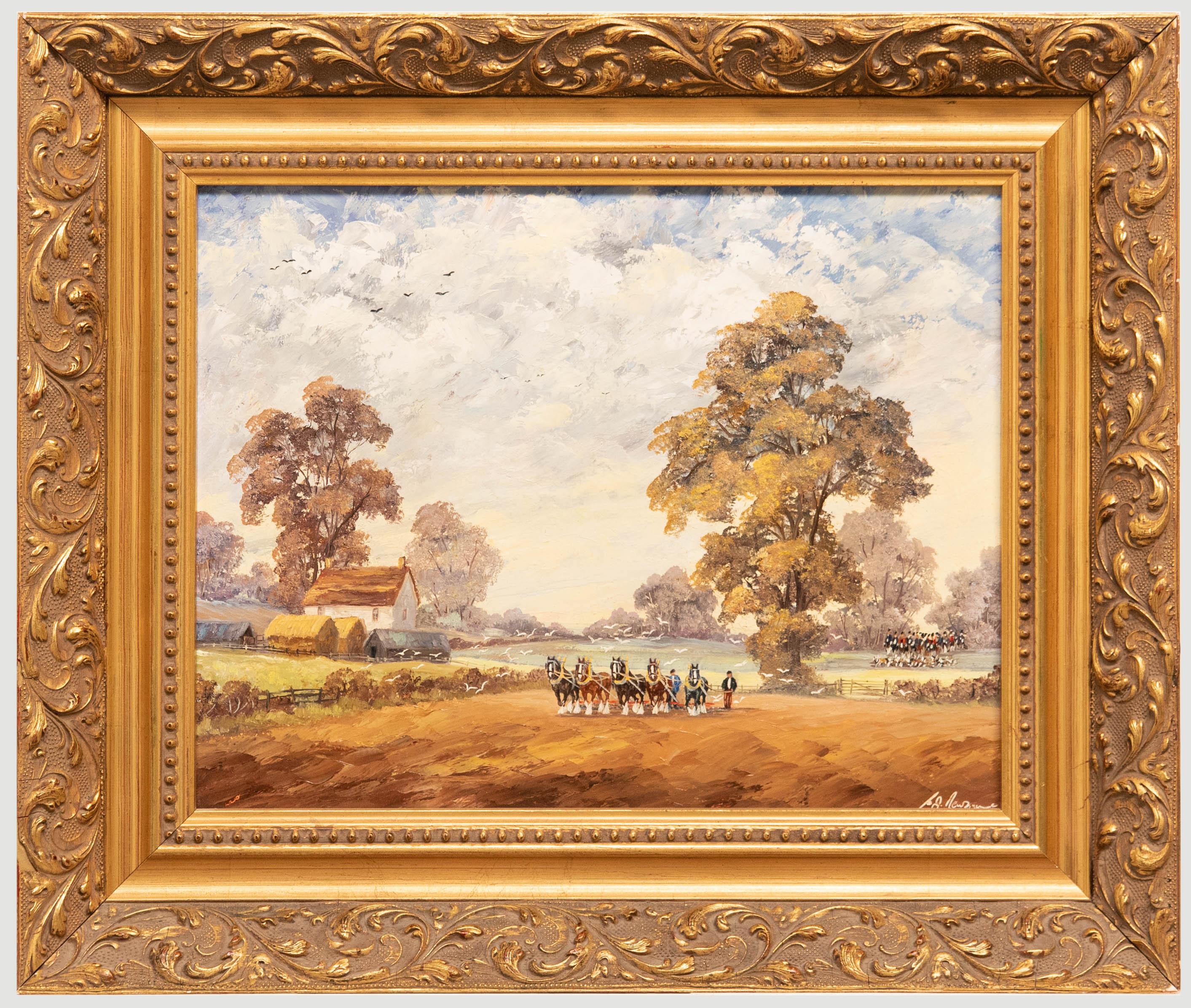 Landscape Painting Unknown - Huile contemporaine encadrée - The Harrow Team
