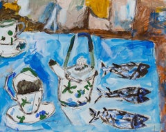 Framed Contemporary Oil - Three Fish & Tea