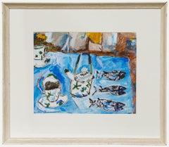 Framed Contemporary Oil - Three Fish & Tea