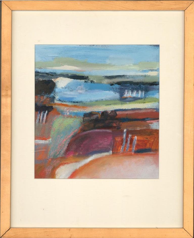 A bold abstract study depicting an autumnal landscape. With grit or sand mixed into the medium to create a textured and evocative composition. Well presented in a white card mount and contemporary wood frame. On thick card.