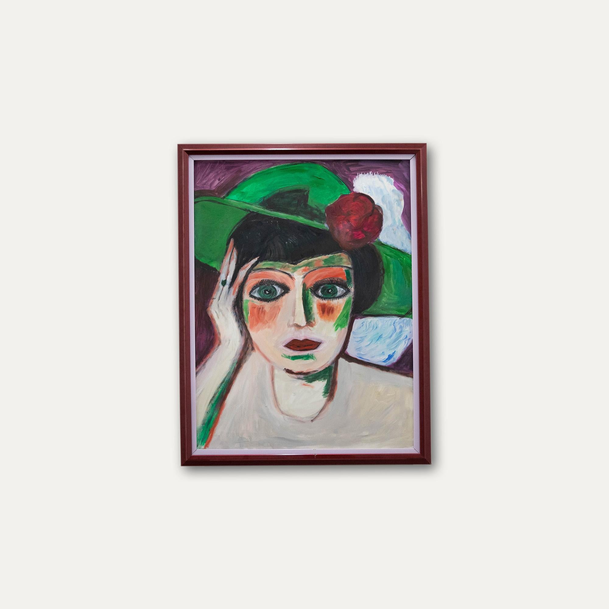 Framed Contemporary Oil - Women with a Hat 2