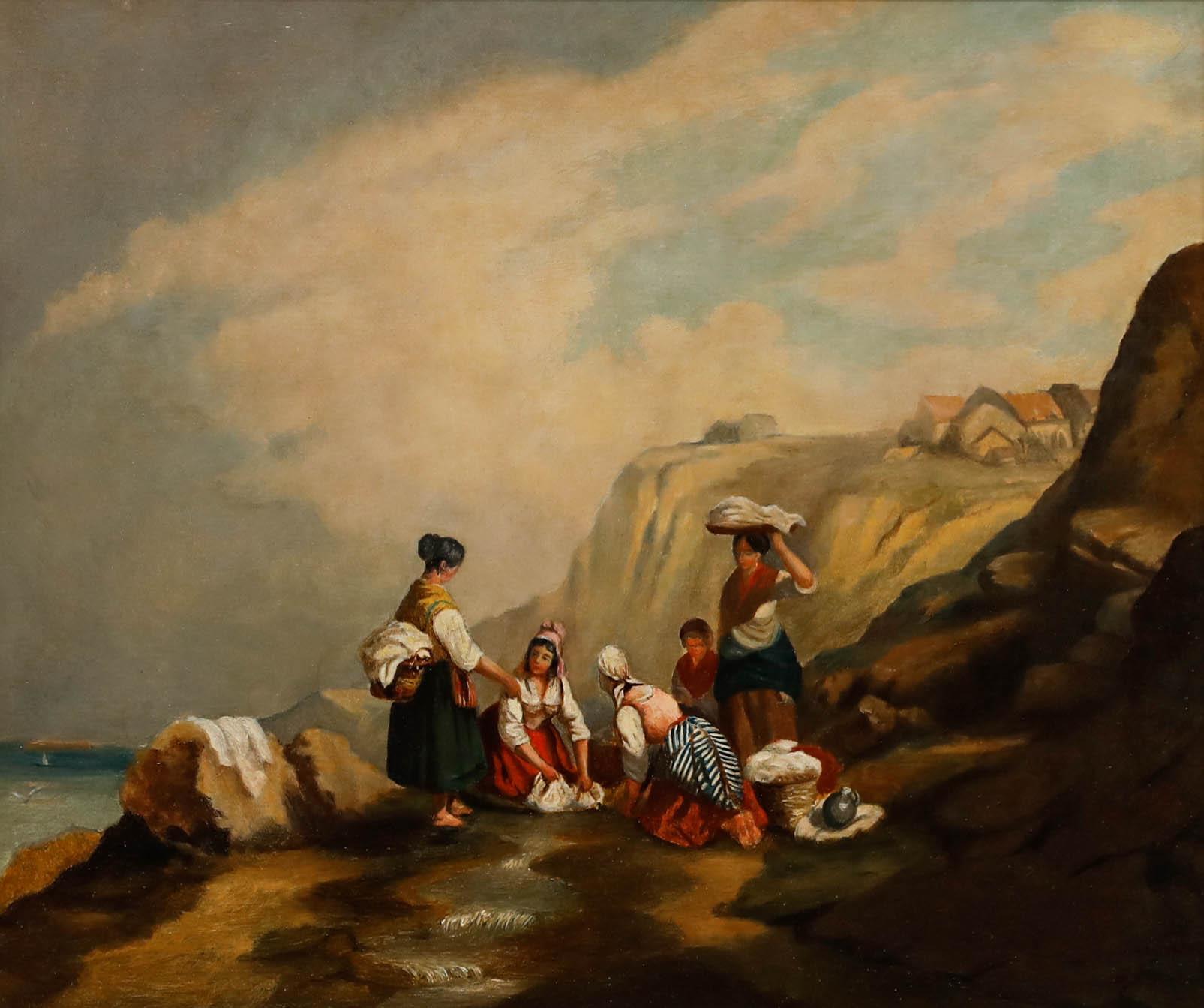 Gerahmte kontinentale Schule des 19. Jahrhunderts Öl - Waschung im Frühling – Painting von Unknown