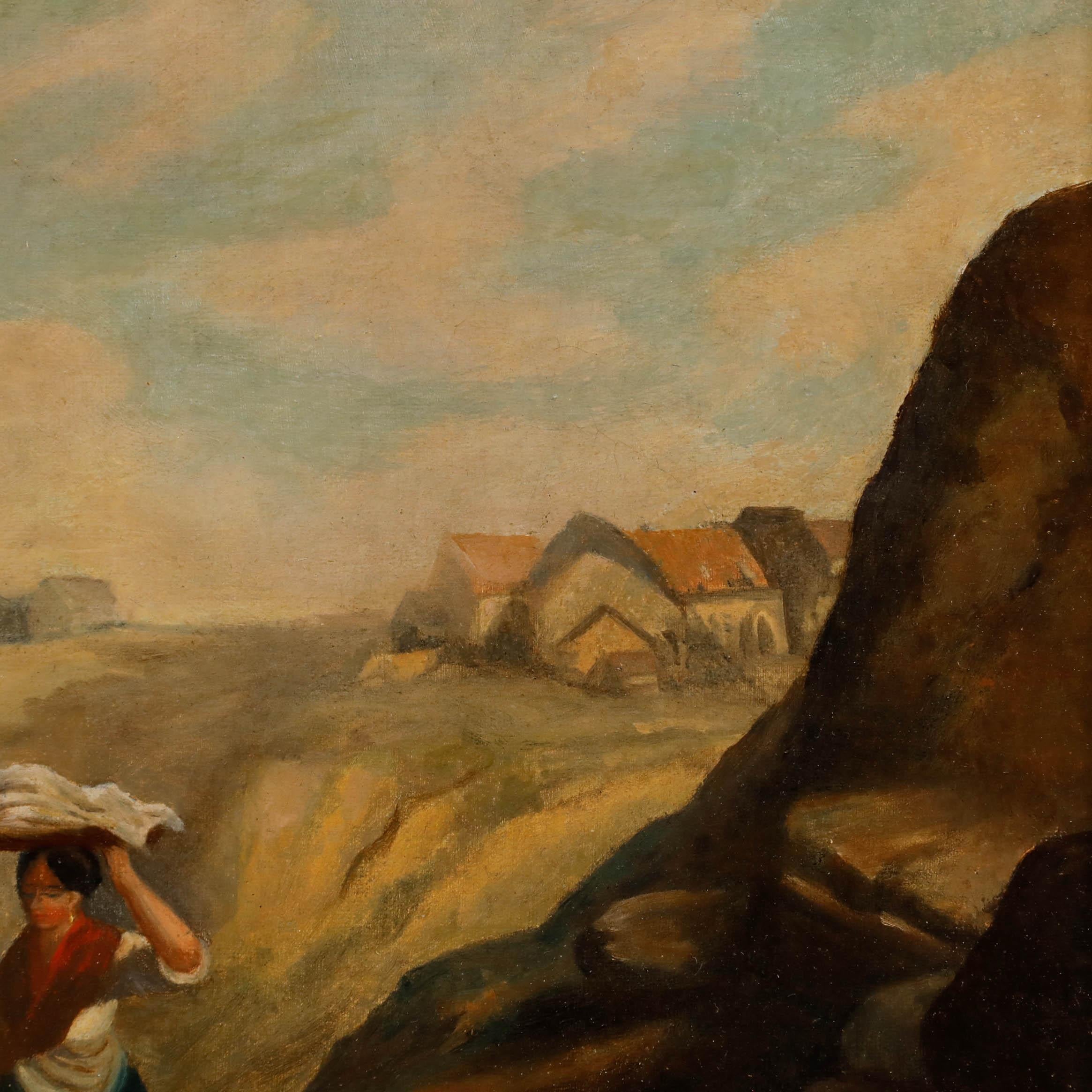 Dieses gelungene Genrebild zeigt eine Küstenlandschaft mit weiblichen Figuren, die um eine natürliche Quelle versammelt sind. Das Auge des Betrachters wird sofort von der zentralen Interaktion zwischen den Figuren angezogen, die sich über den