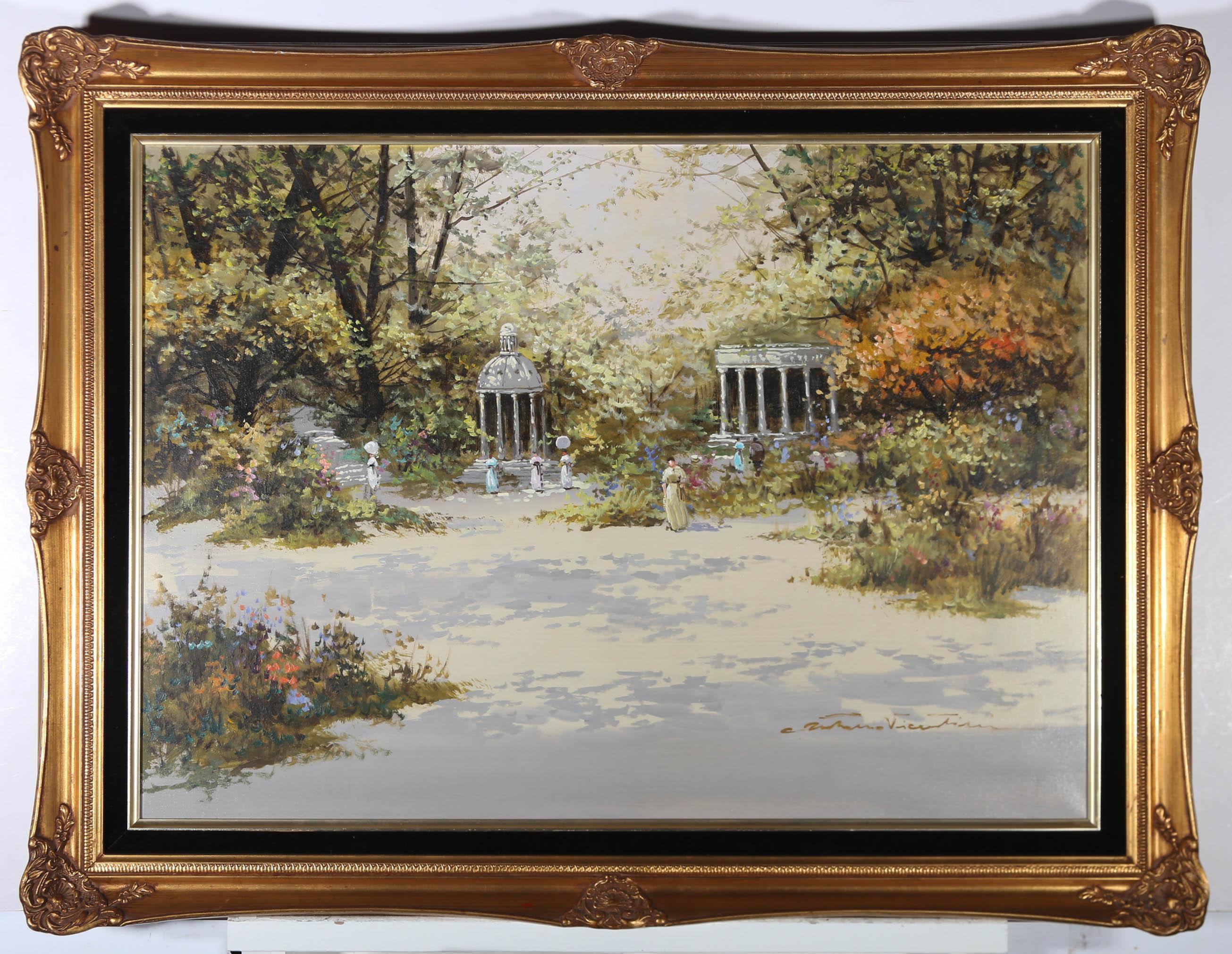 A picturesque impressionistic oil of a public garden with figures promenading in front two architectural temples. Well-presented in a contemporary gilt and swept frame with black velvet slip. Illegibly signed. On canvas on stretchers.
