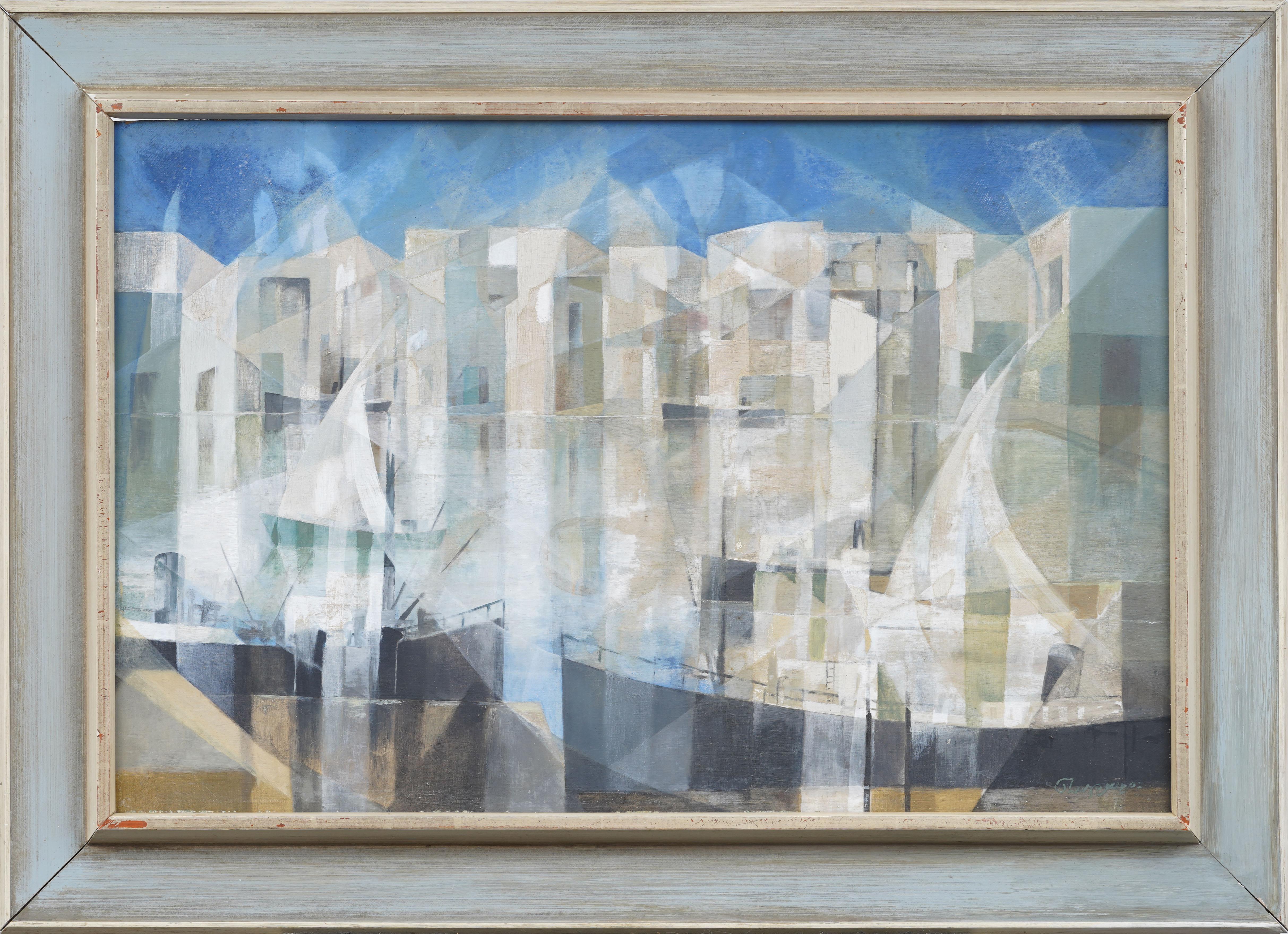 Framed Cubist Seascape Harbor Seascape Signed Modernist Abstract Oil Painting
