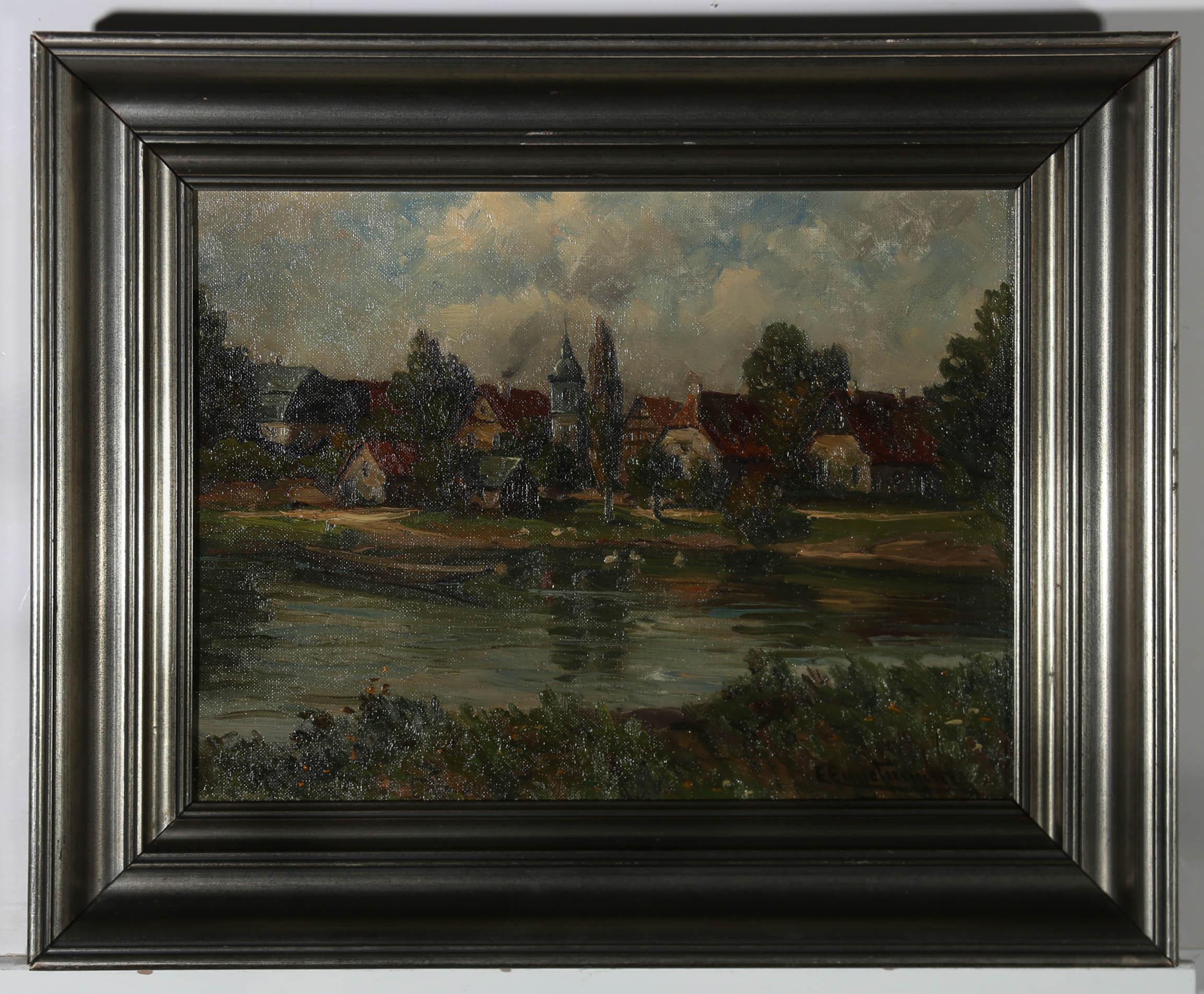 Captured in sophisticated short strokes, is this stunning in situ scene of a Danish village. In the foreground the artist has portrayed white swans gliding on a quiet riverfront, with traditional country house dotted amongst verdant trees behind.