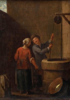 Framed Dutch School 17th Century Oil - Couple by the Well