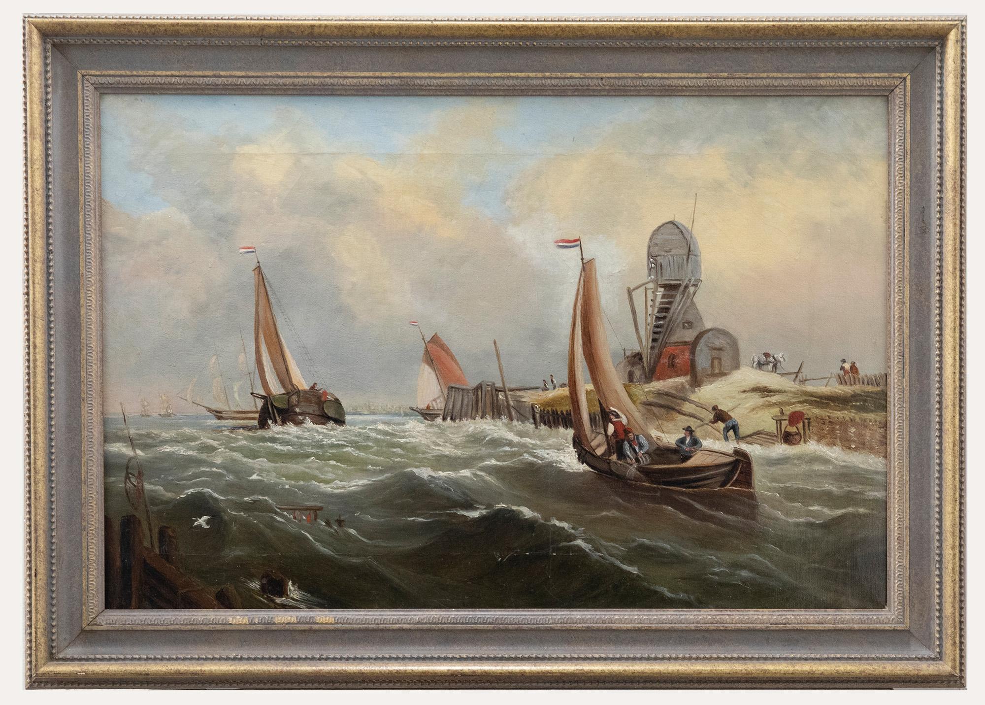 Unknown Figurative Painting - Framed Dutch School 19th Century Oil - Sailing through Rough Waters