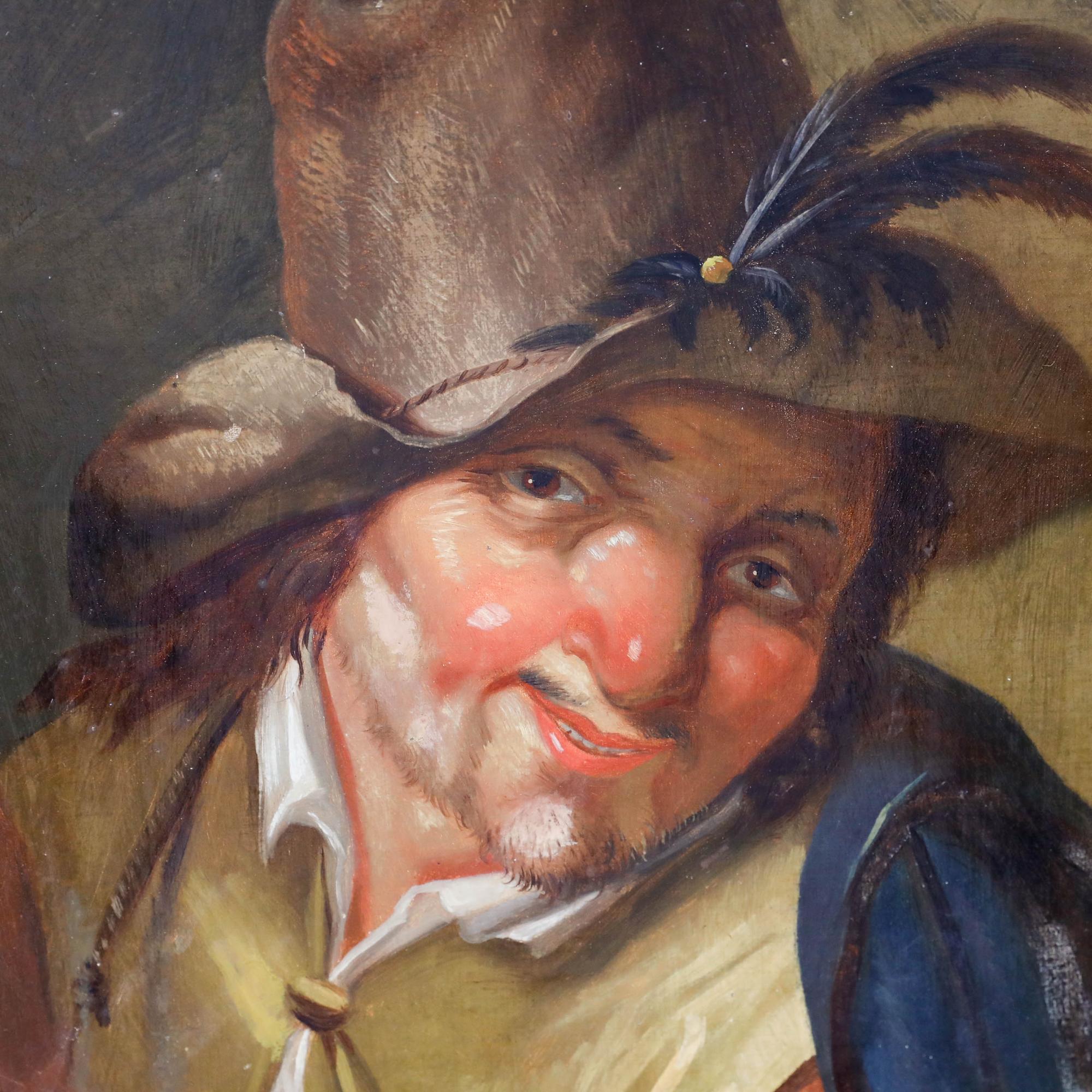 This delightful portrait features a jolly man dressed in 18th-century attire, complete with a blue cape, and a wide-brimmed hat adorned with feathers. He holds an artist’s palette, suggesting his identity as a painter. Rendered in a warm, earthy