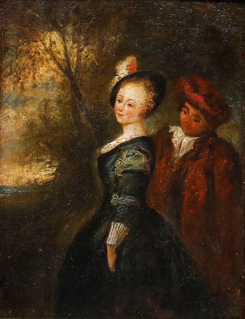 Huile encadrée du début du 19e siècle - Promenade nocturne - Painting de Unknown