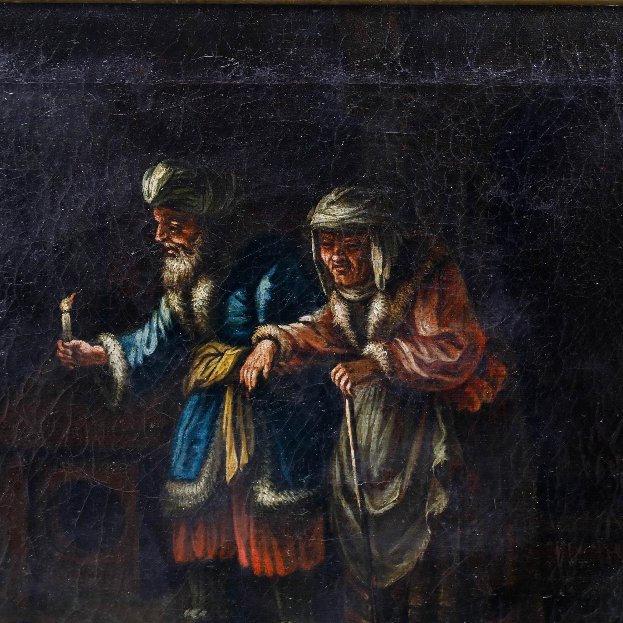 Un couple de personnes âgées navigue dans une rue sombre à la lueur d'une bougie. Bien présenté dans un cadre strié à effet doré. Non signée. Sur toile sur châssis. Taille de l'image : 31 x 46,5 cm.