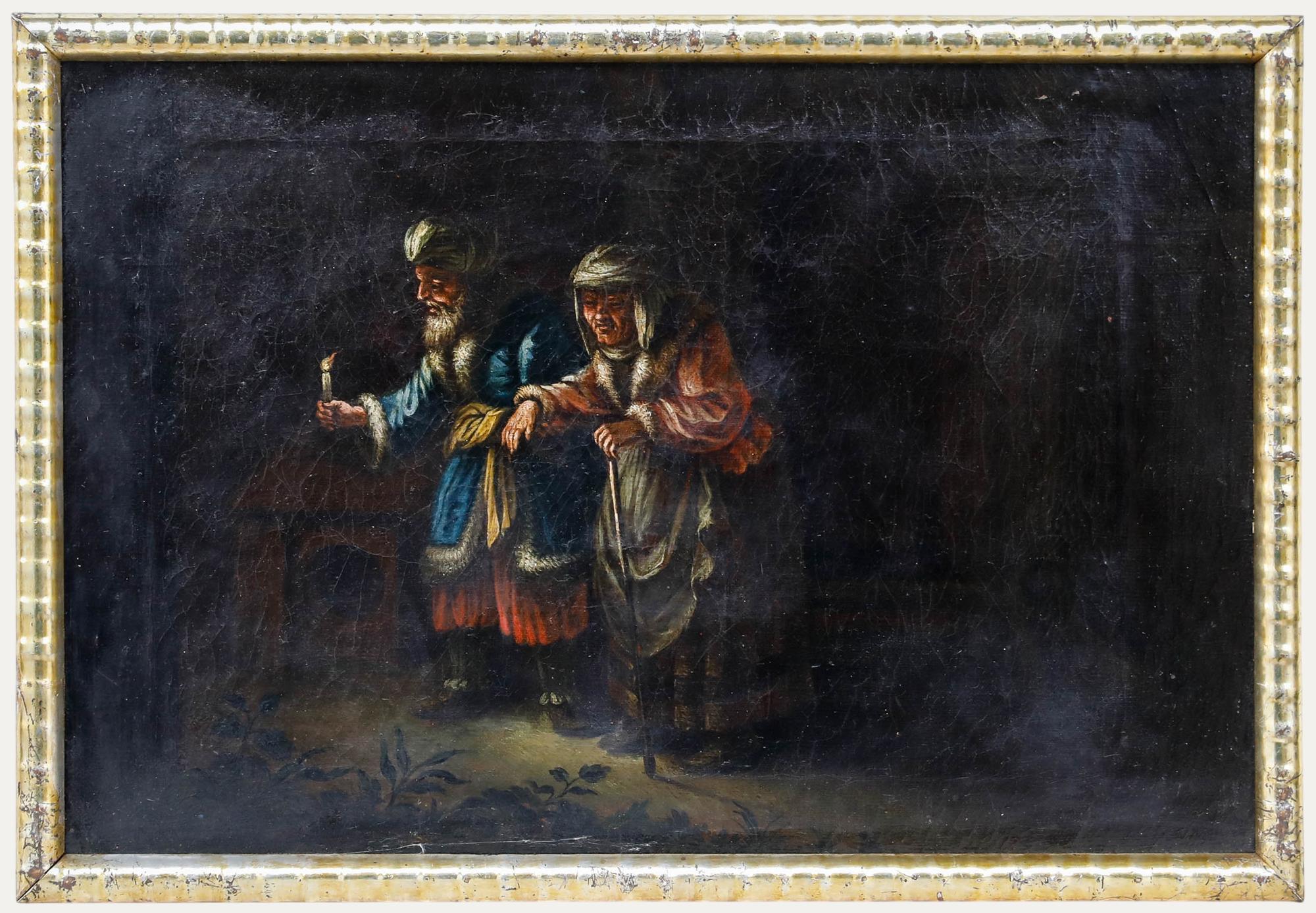 Huile encadrée du début du 19e siècle - À la lueur des bougies