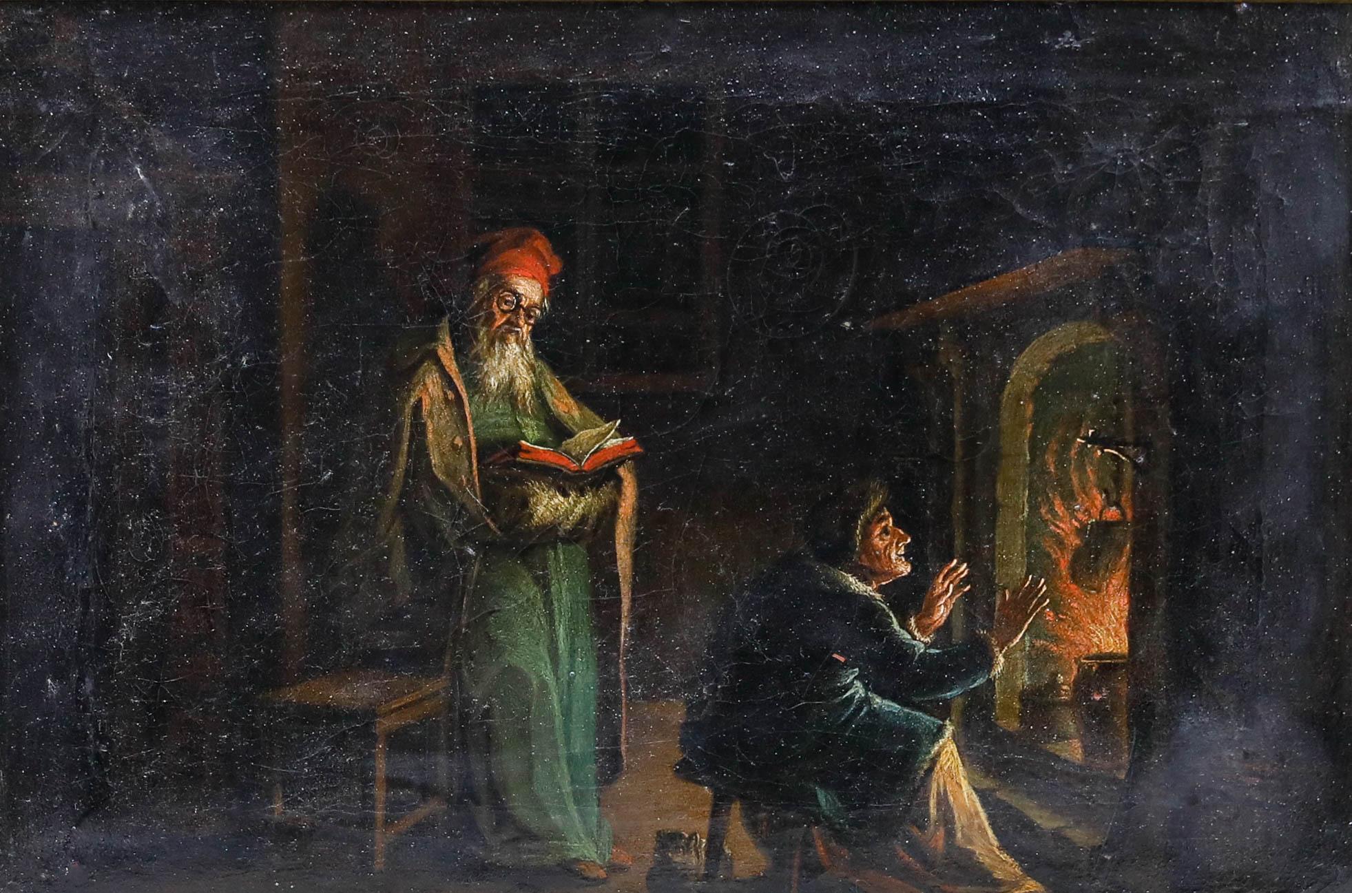 Huile encadrée du début du 19e siècle - Au coin du feu - Painting de Unknown