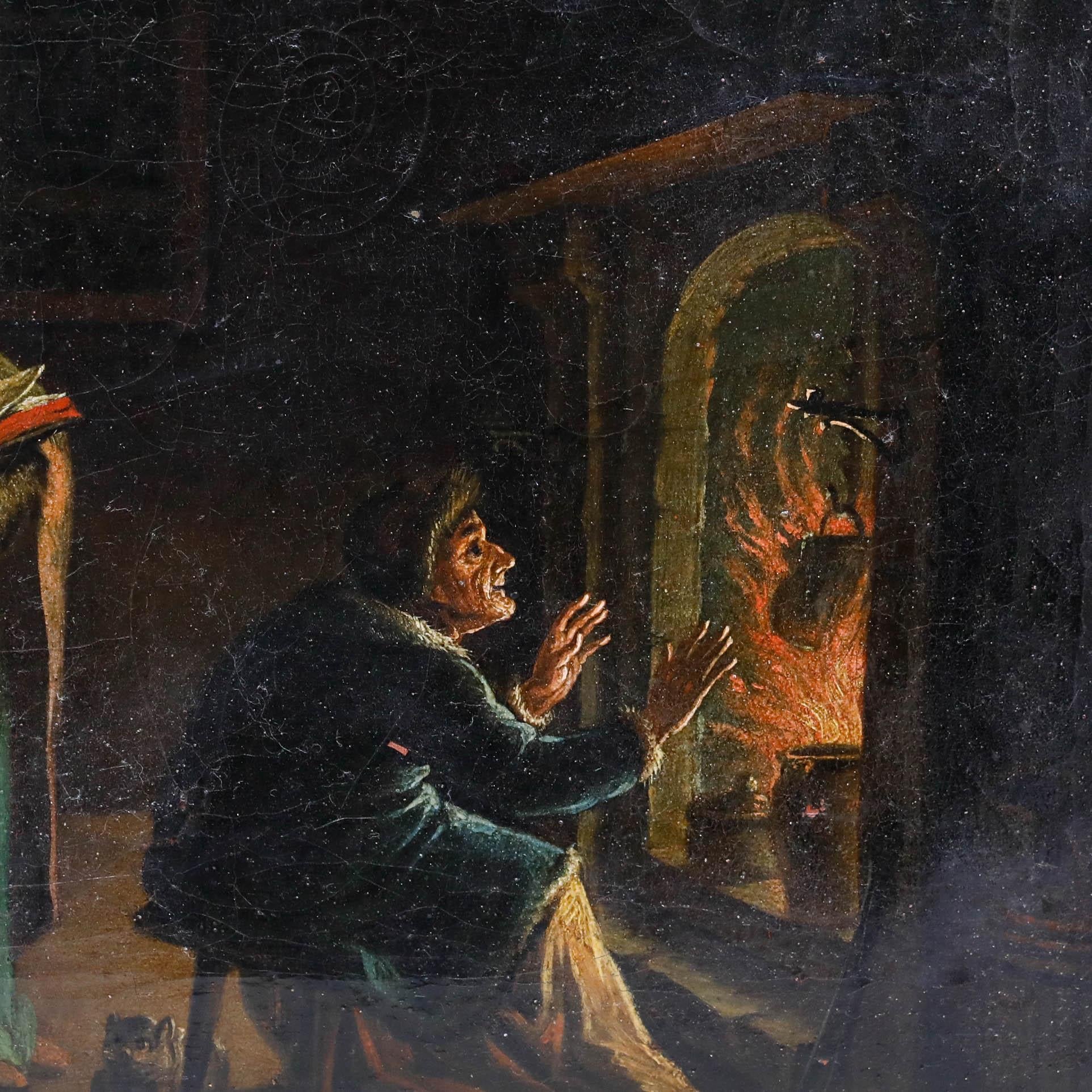 Un homme se réchauffe volontiers les mains près de la cheminée dans cette scène de genre pleine de caractère. Un autre homme lit un livre à proximité tandis qu'un chat se repose tranquillement sur le sol. Bien présenté dans un cadre strié à effet