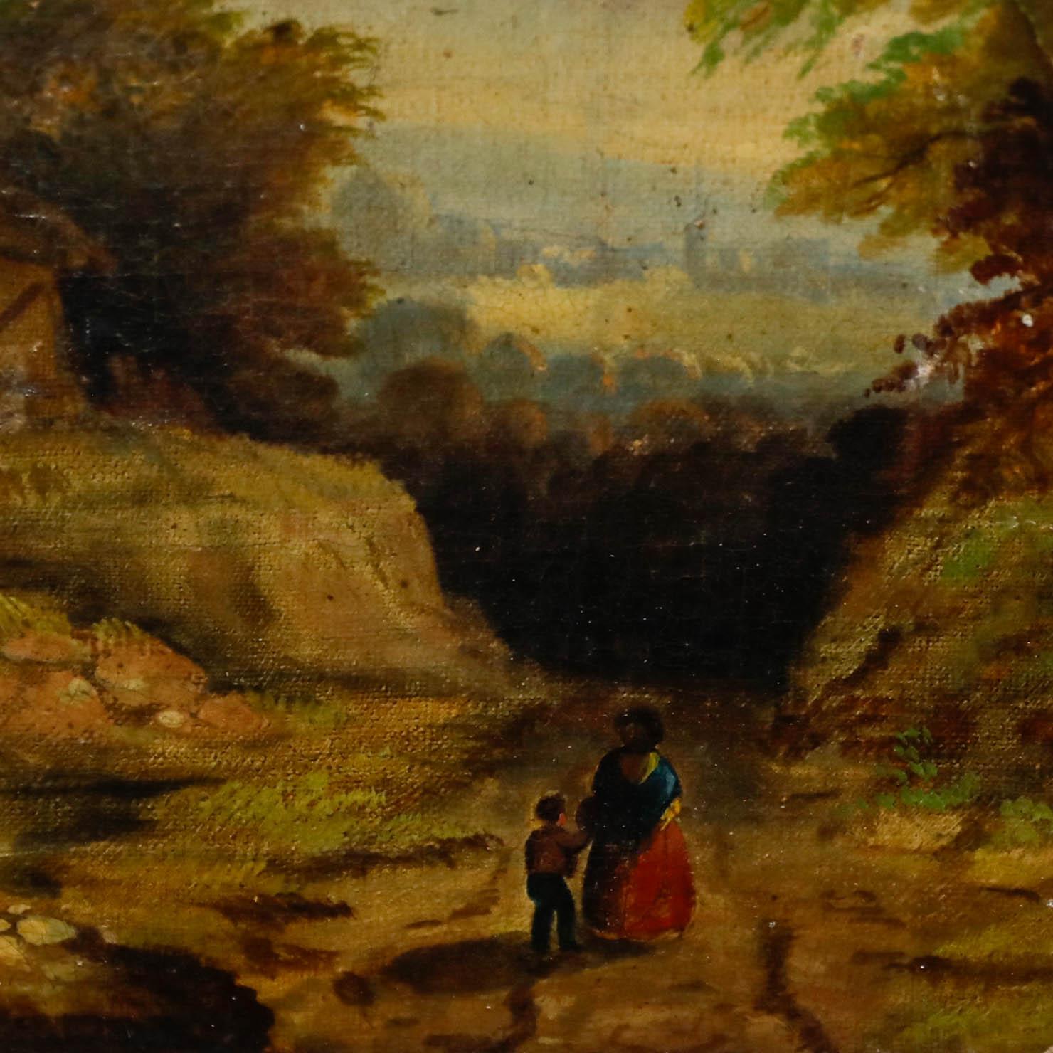 Encantador paisaje al óleo de principios del siglo XIX. Figuras paseando junto a una granja con tejado de paja. Sin firmar. Se presenta en un marco dorado ornamentado con elaboradas molduras de acanto. En lienzo sobre bastidores.