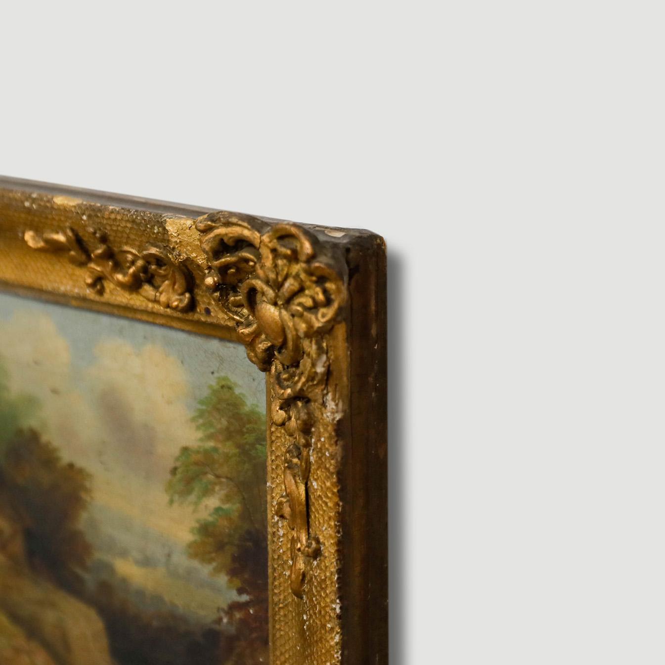 Óleo enmarcado de principios del siglo XIX - Figuras junto a una cabaña de paja 1