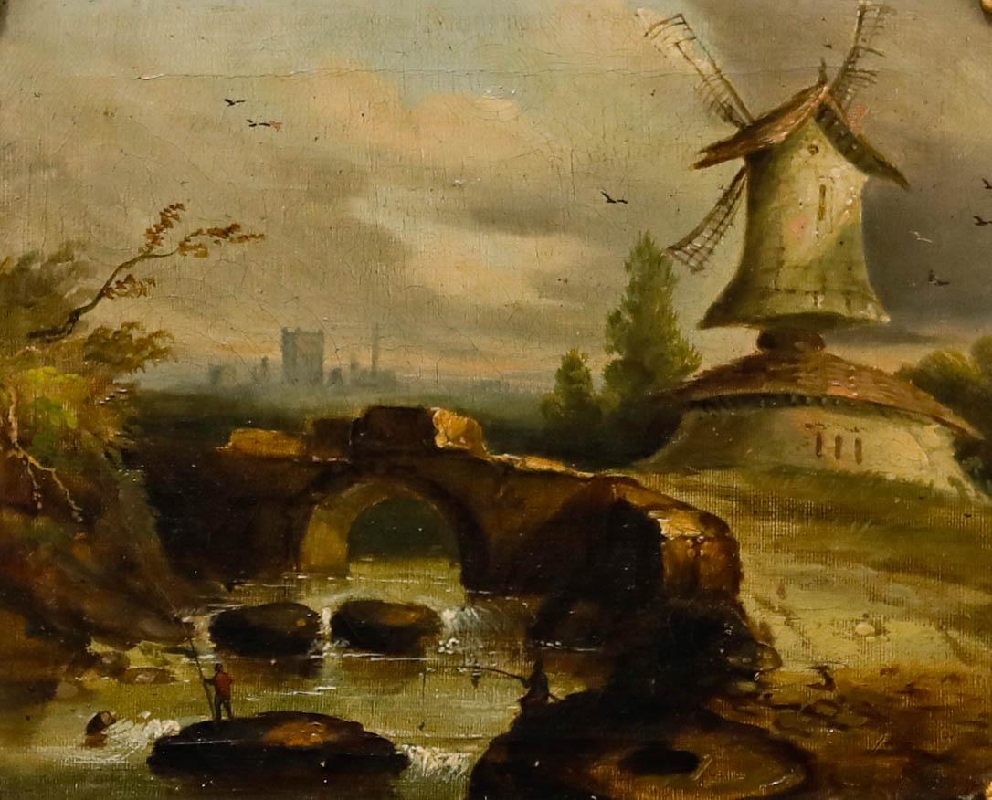 Olio incorniciato dell'inizio del XIX secolo - Pesca presso il mulino a vento - Painting di Unknown