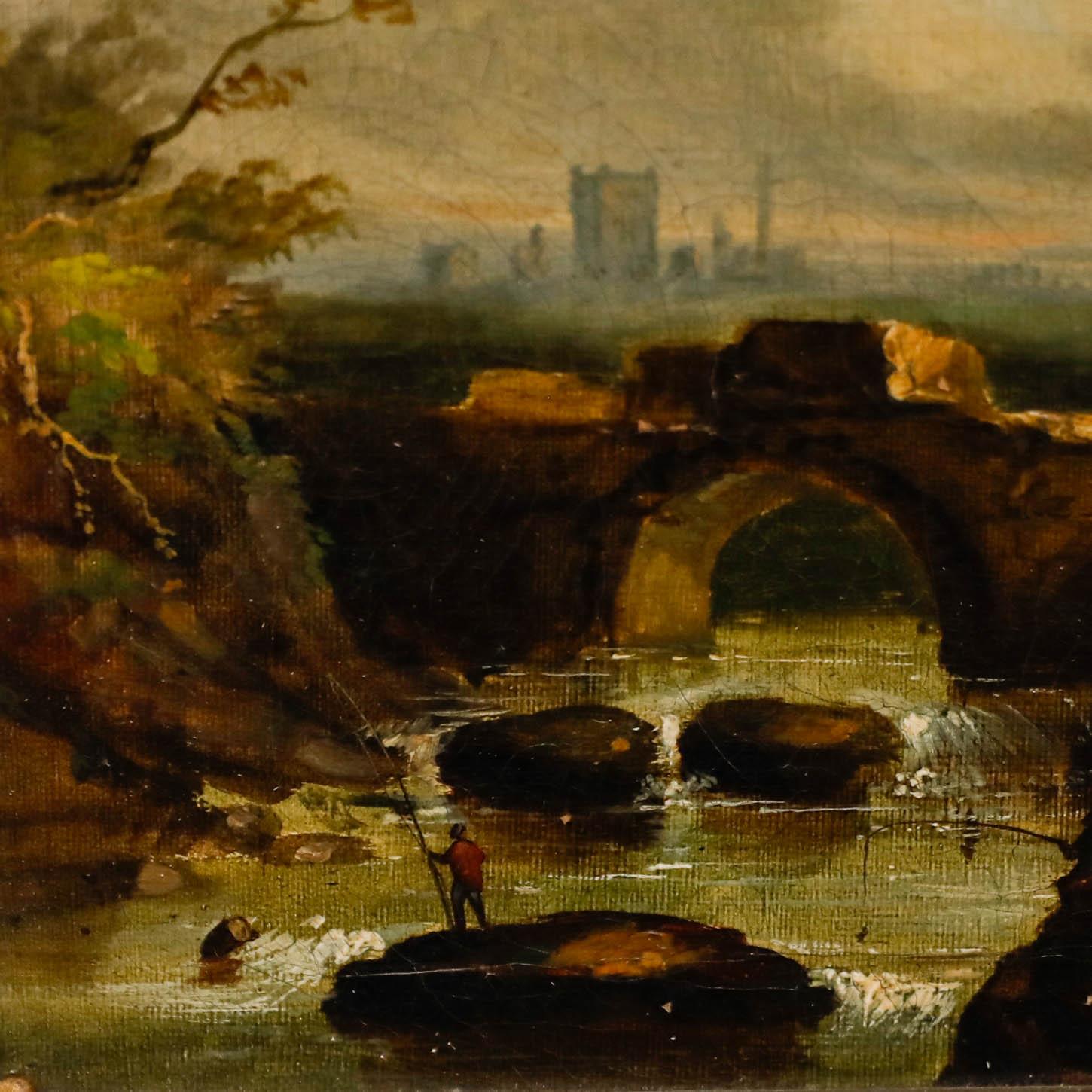 Affascinante paesaggio a olio dell'inizio del XIX secolo. Figure che pescano in vista di un grande mulino a vento. Senza segno. Presentato in una cornice dorata con elaborate modanature ad acanto. Su tela su barelle.