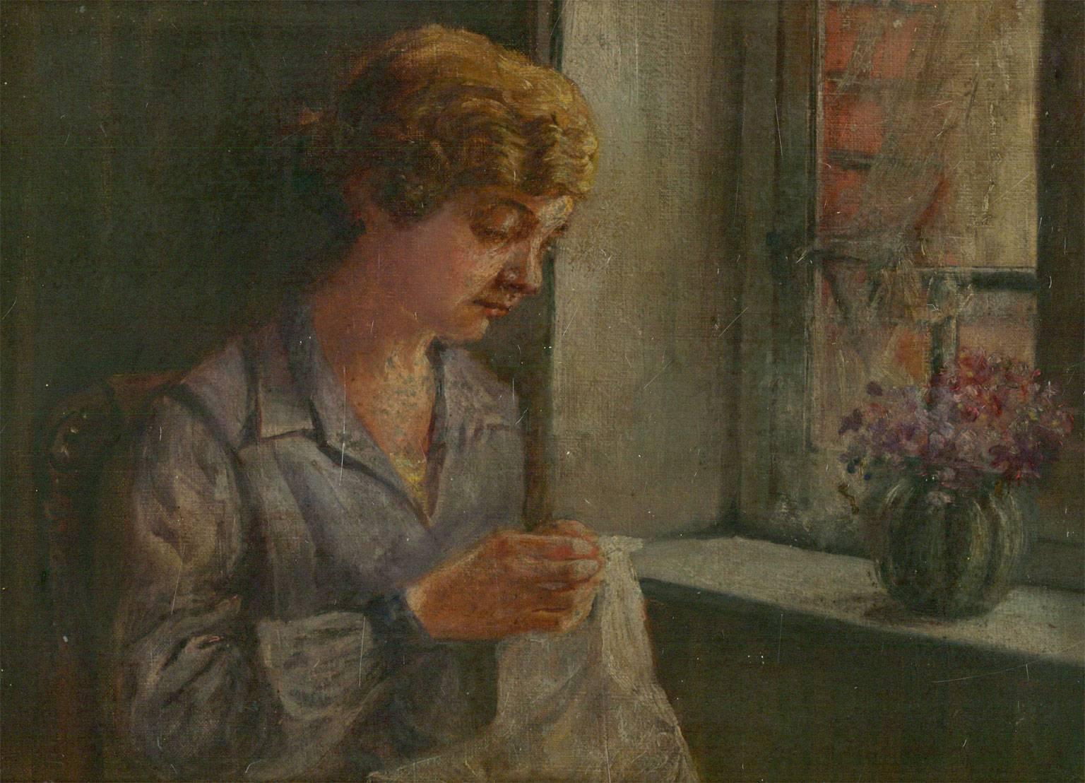 Framed Early 20th Century English Oil - Portrait of a Lady seated by a Window - Painting by Unknown