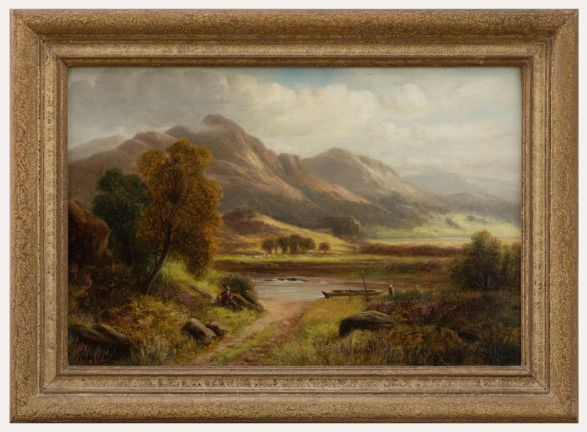 Unknown Landscape Painting - Framed Early 20th Century Oil - A Break from Fishing