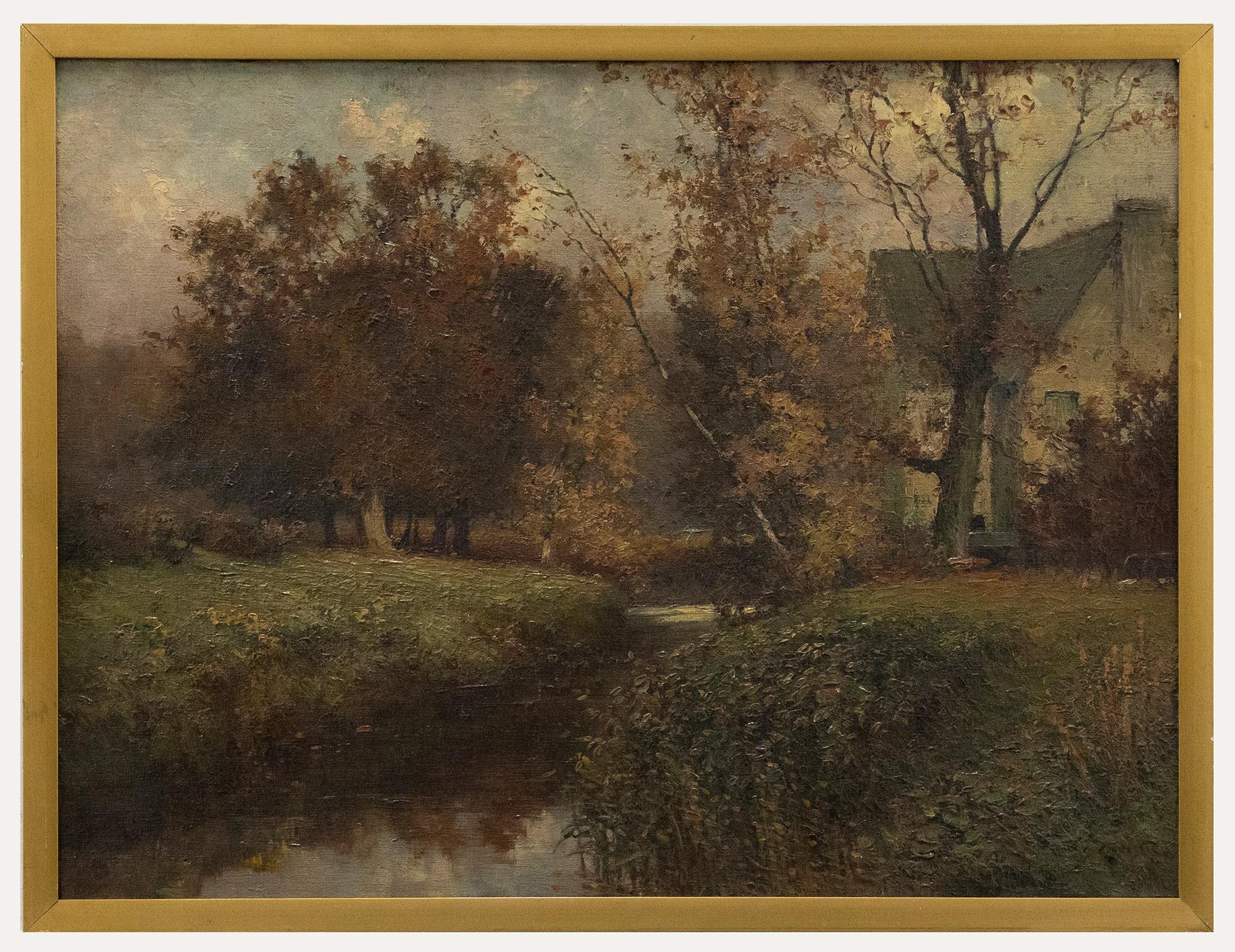 Unknown Landscape Painting – Gerahmtes Ölgemälde des frühen 20. Jahrhunderts – Ein gerahmter Herbsttag