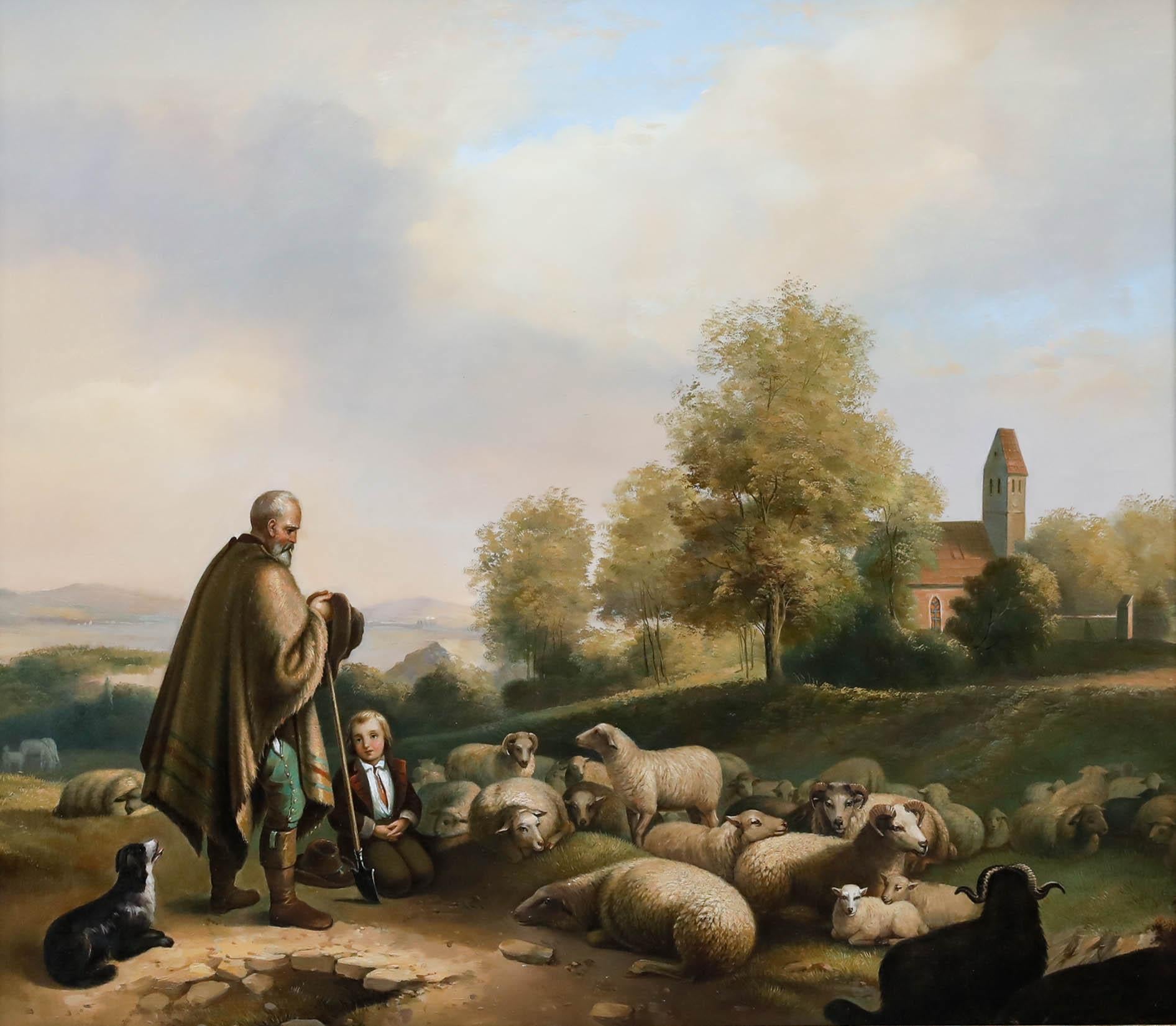 Huile encadrée du début du 20e siècle - Un berger et son troupeau - Painting de Unknown