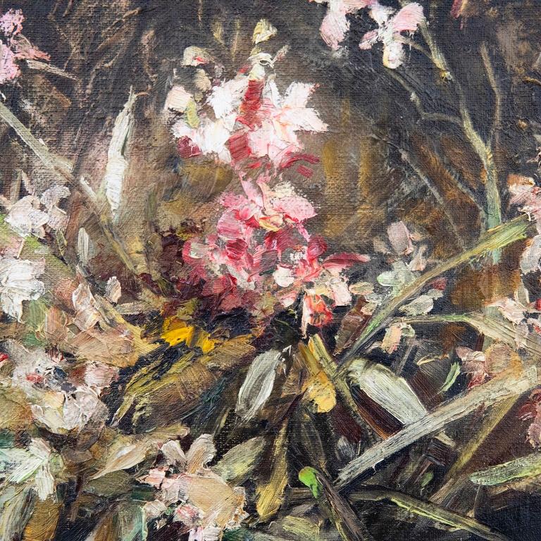 An energetic floral study depicting pink and white Beeblossom, shooting from a shallow black vase. The artist has painted the many delicate petals and stemmed foliage in a mesmerizing impressionistic style with expressive brushwork. Presented in an