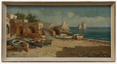 Framed Early 20th Century Oil - Boats on a Continental Shoreline